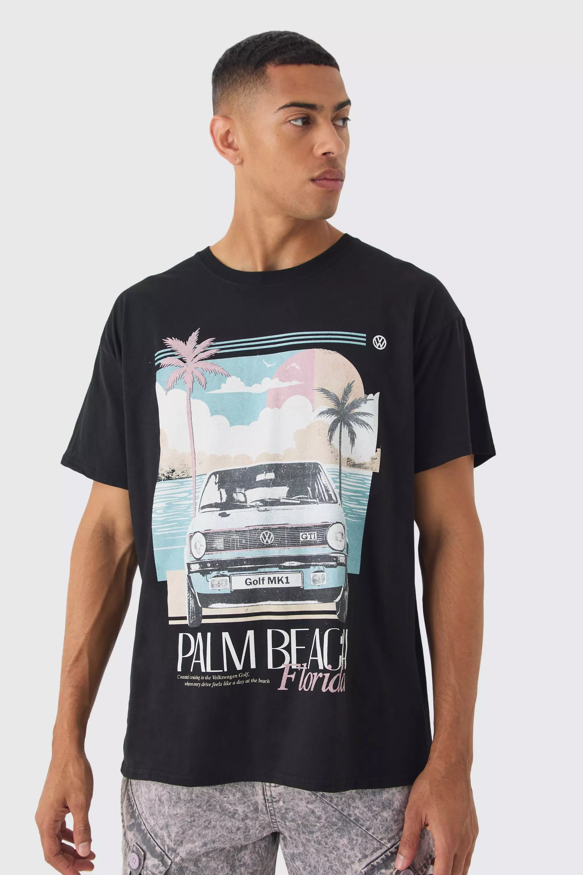 Oversized Volkswagen Palm Beach License Print T-shirt Black