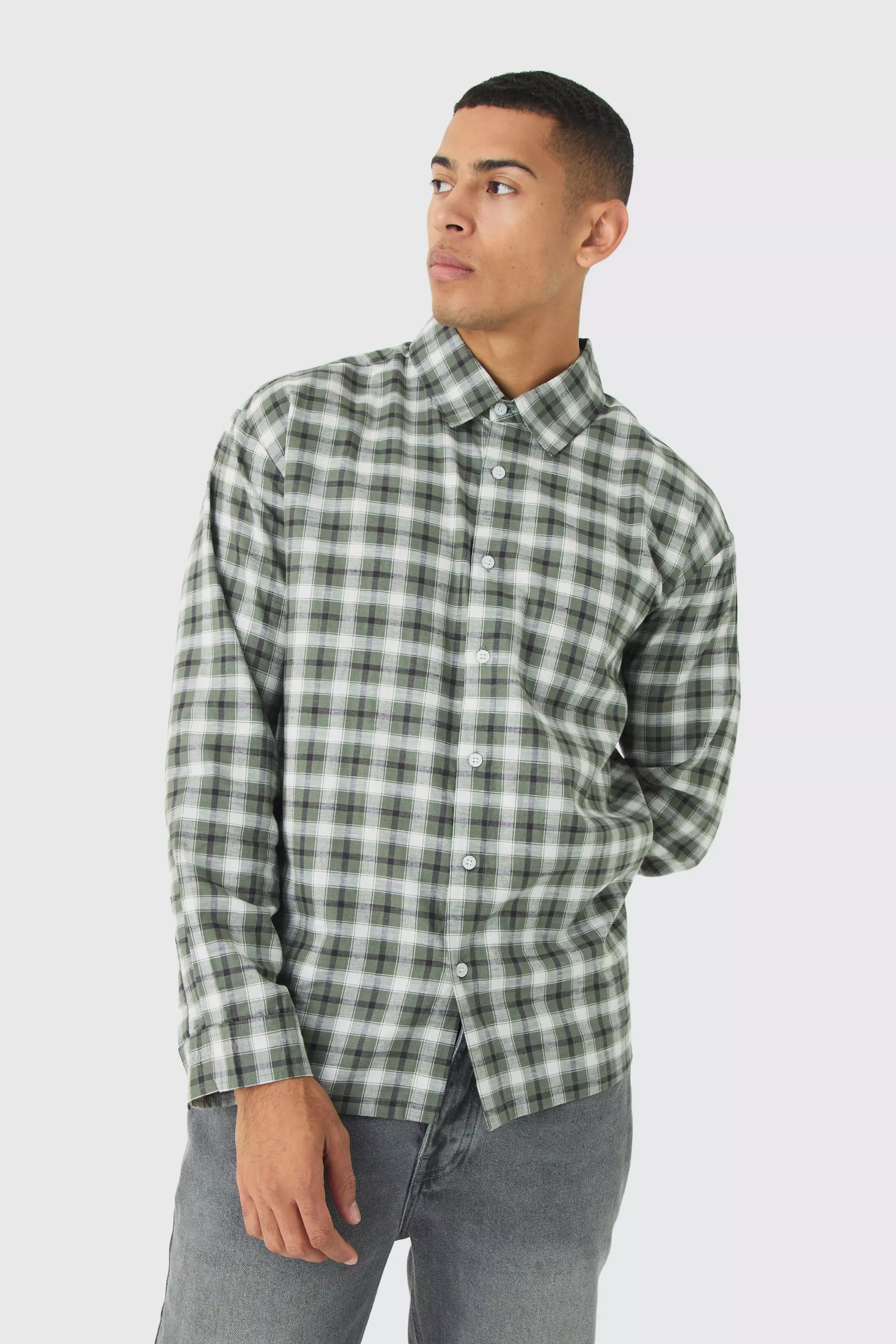 Long Sleeve Plaid Oversized Shirt Khaki