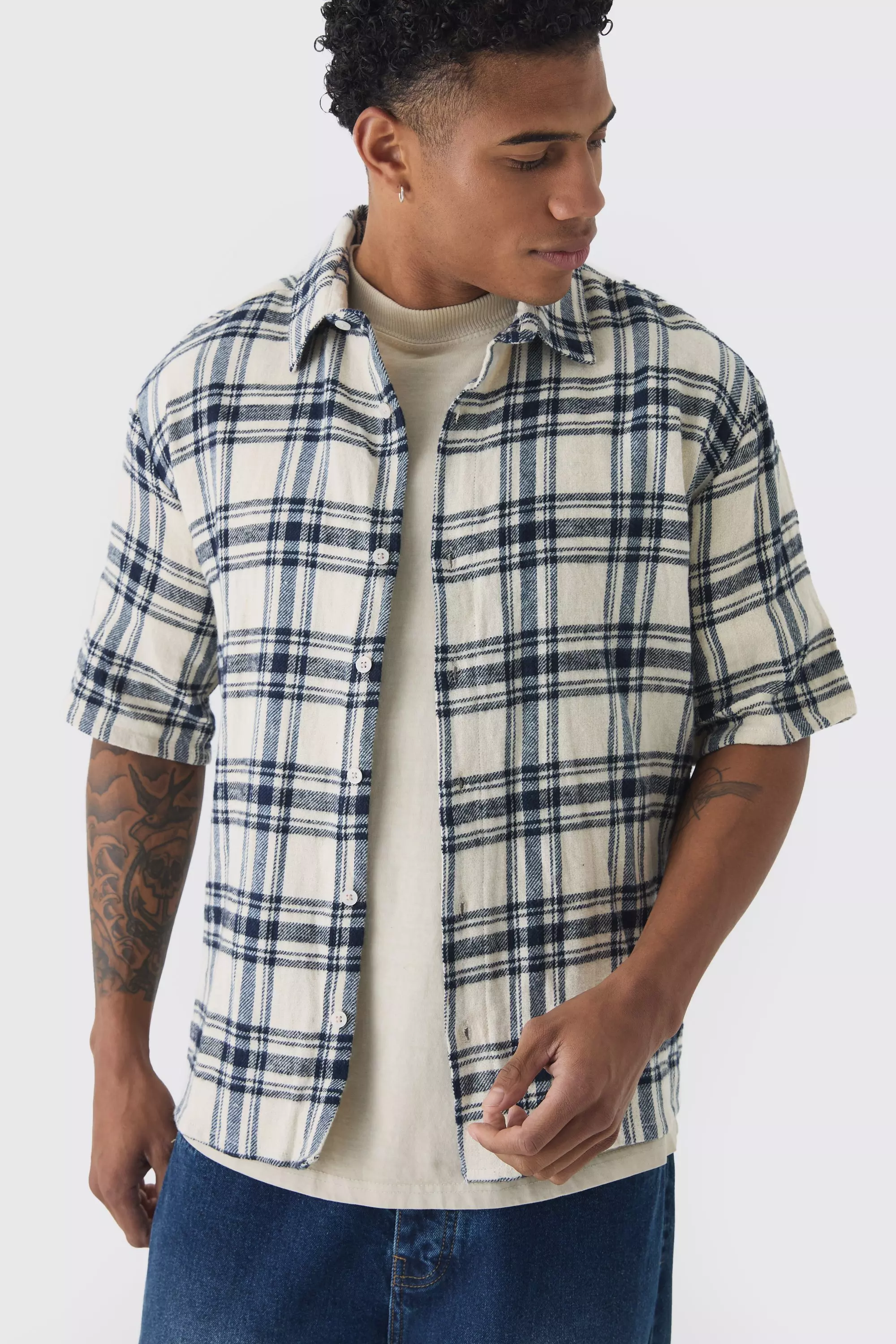 Short Sleeve Plaid Oversized Shirt Ecru