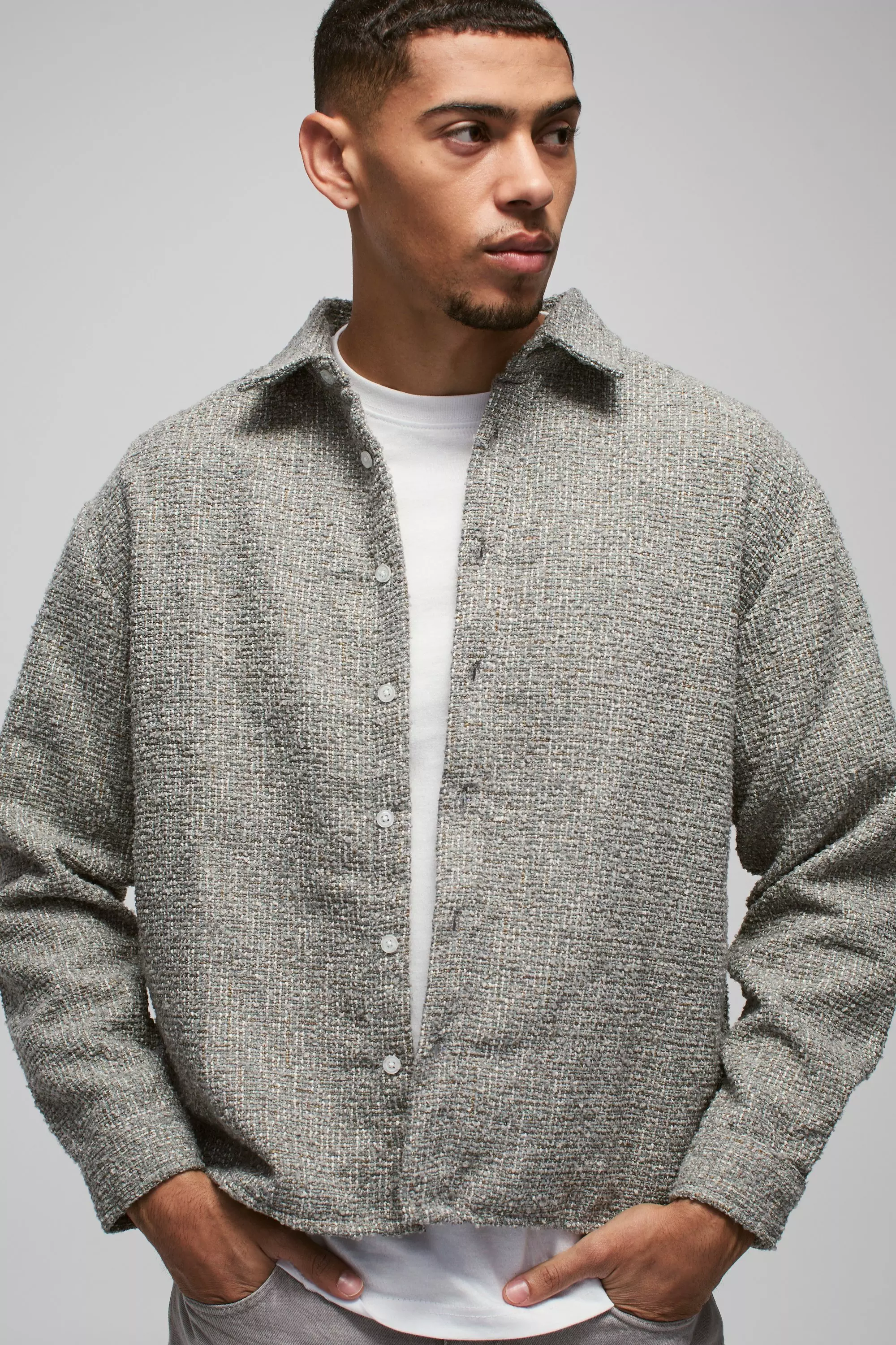 Khaki Oversized Bouclé Overhemd alternatieve afbeelding