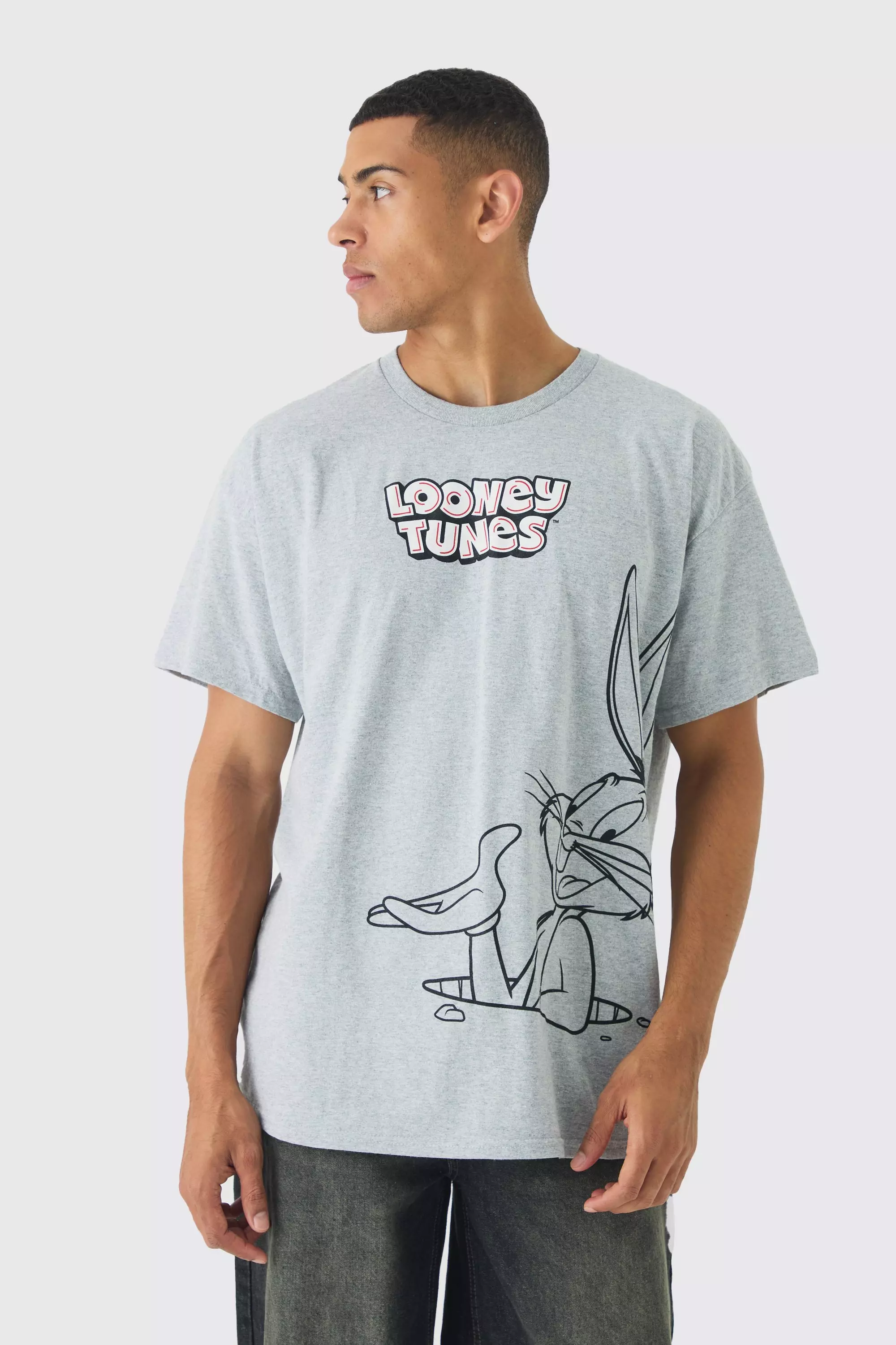 Oversized Looney Tunes Wash License Print T-shirt Light grey