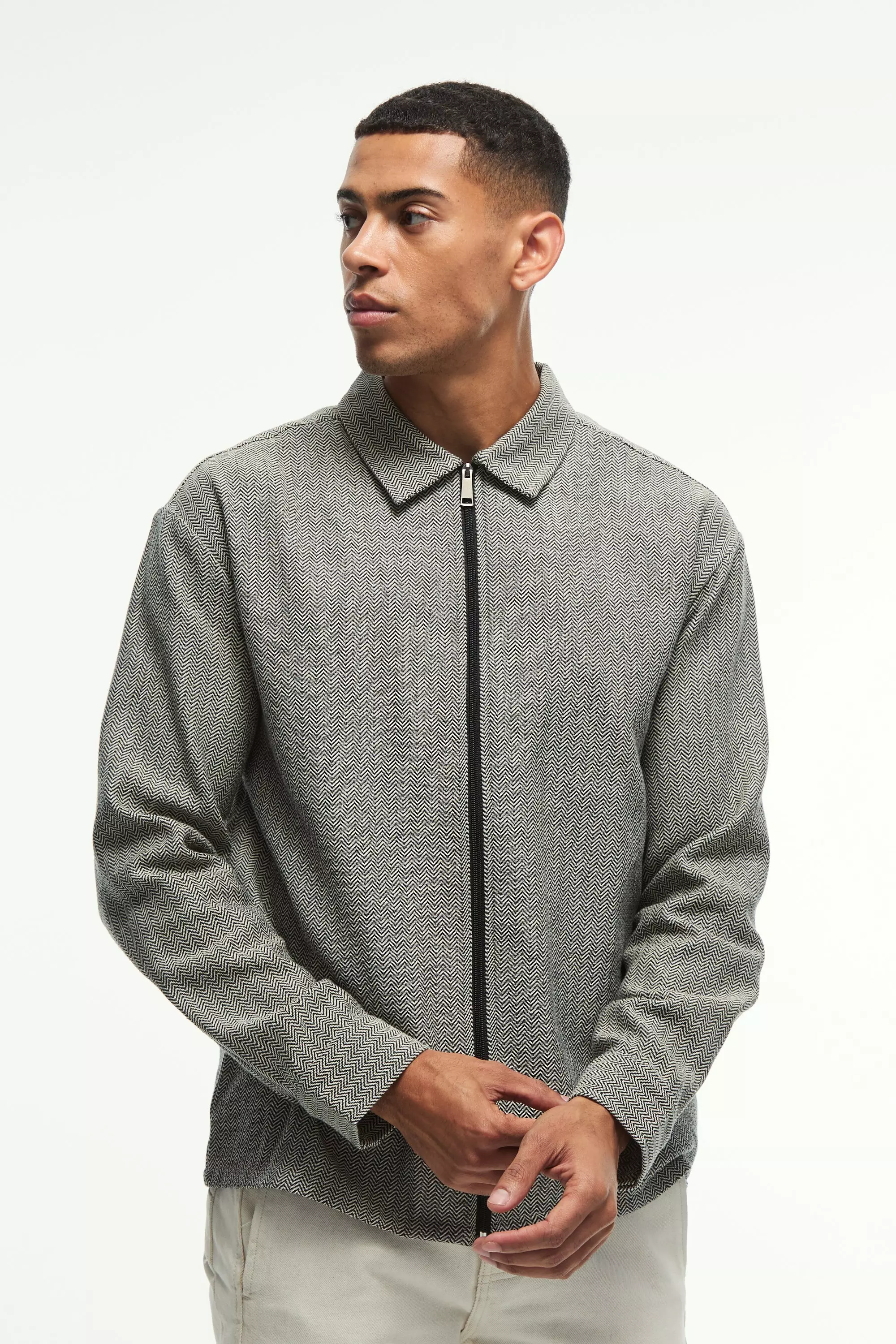 Grey Oversized Fit Zip Through Herringbone Shirt