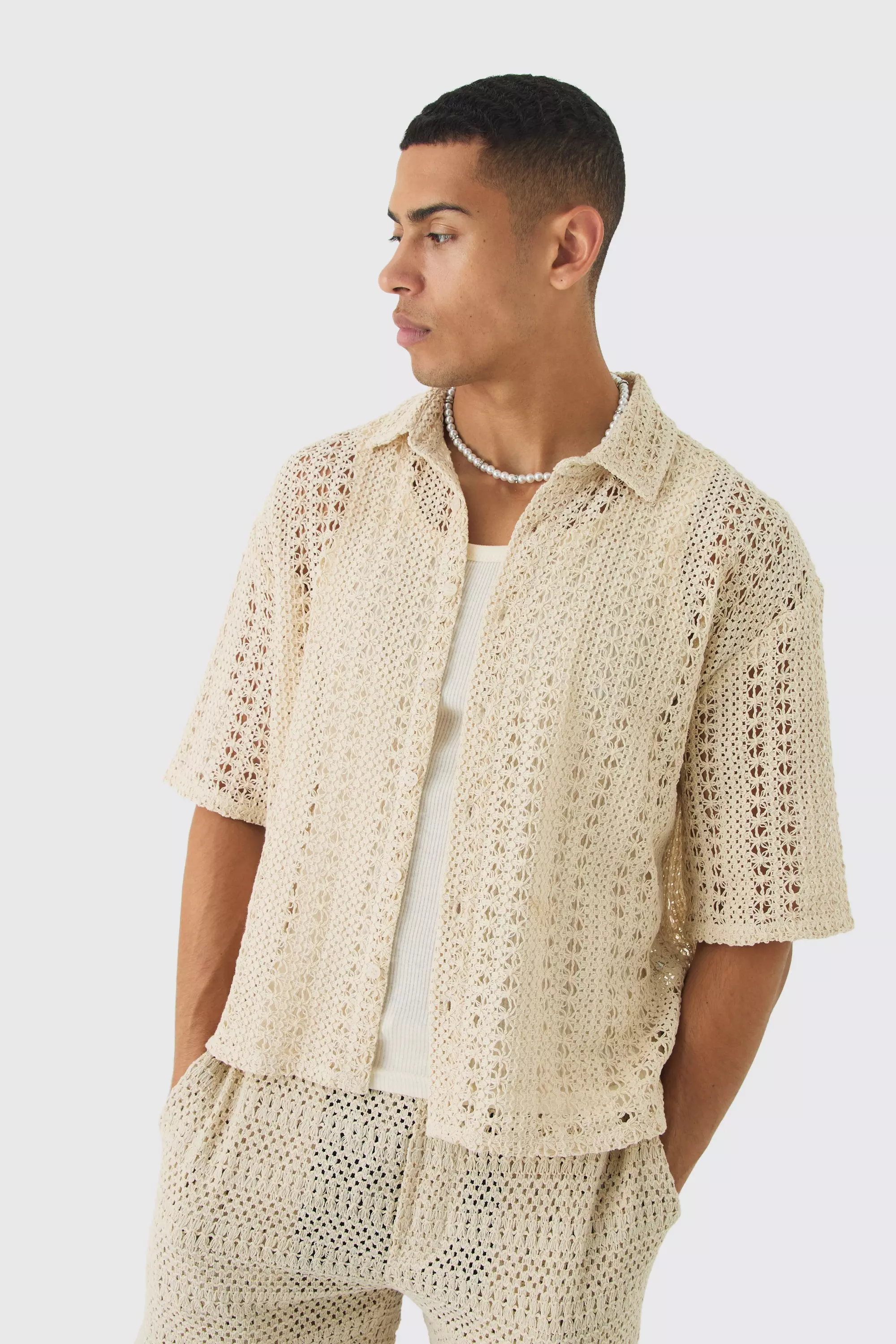 Boxy Revere Crochet Shirt Ecru