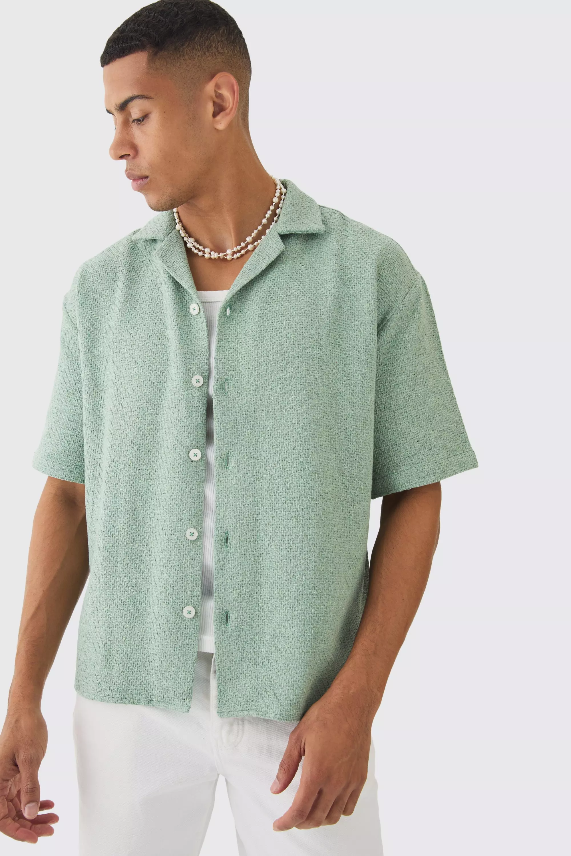 Oversized Boucle Short Sleeve Shirt Sage