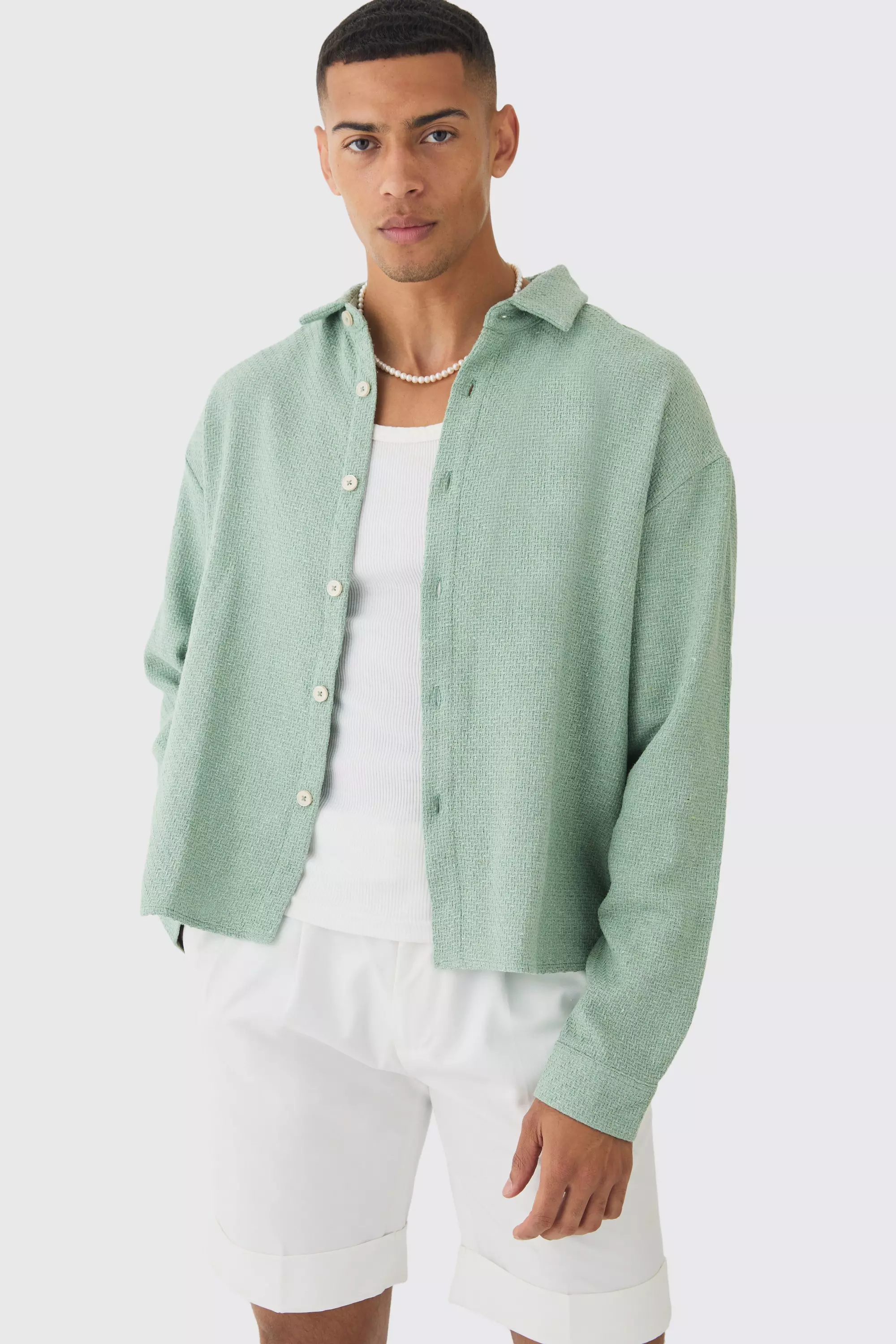 Oversized Boucle Long Sleeve Shirt Sage