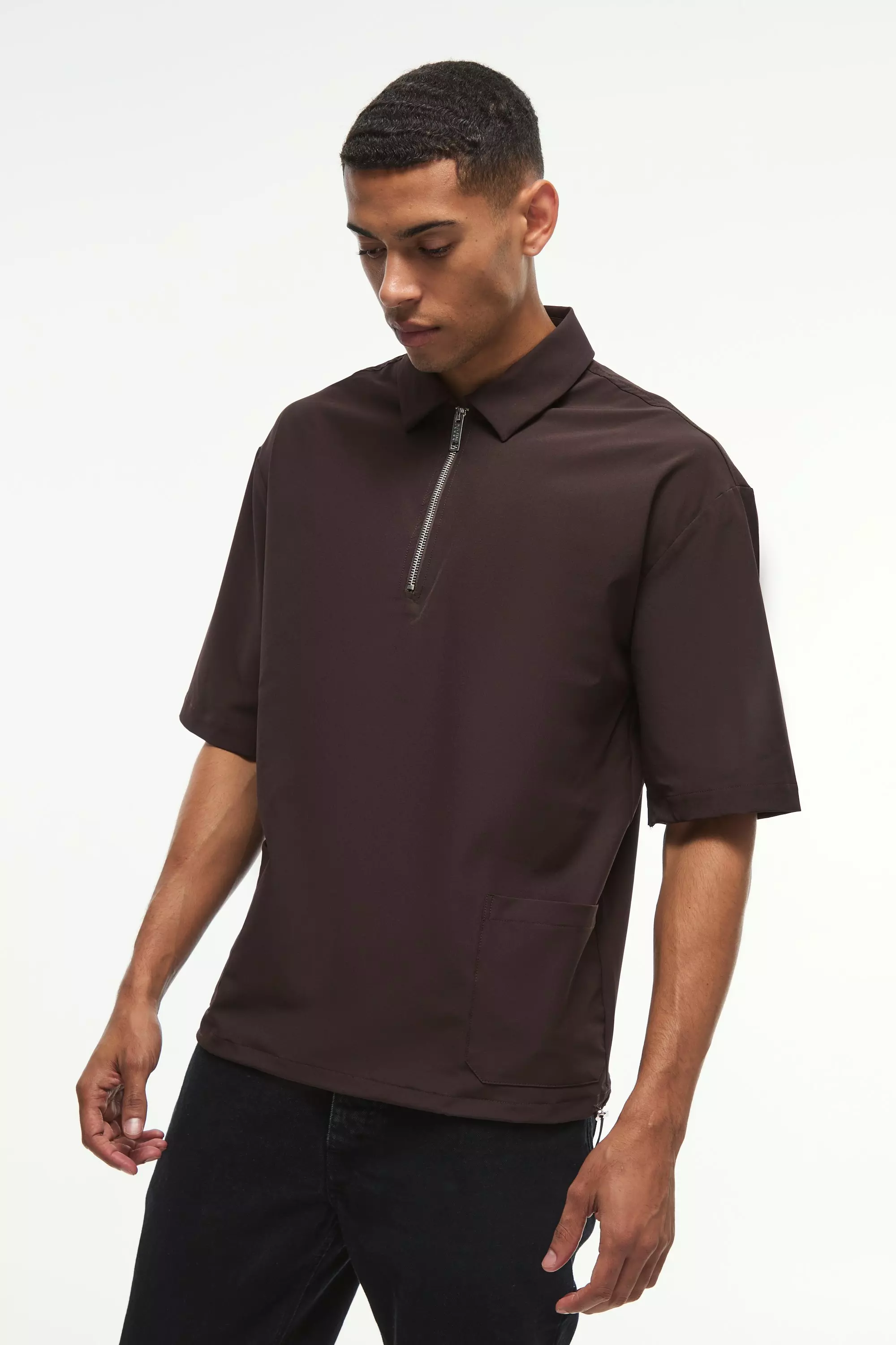 Oversized 1/4 Zip Bungee Hem Shirt Chocolate