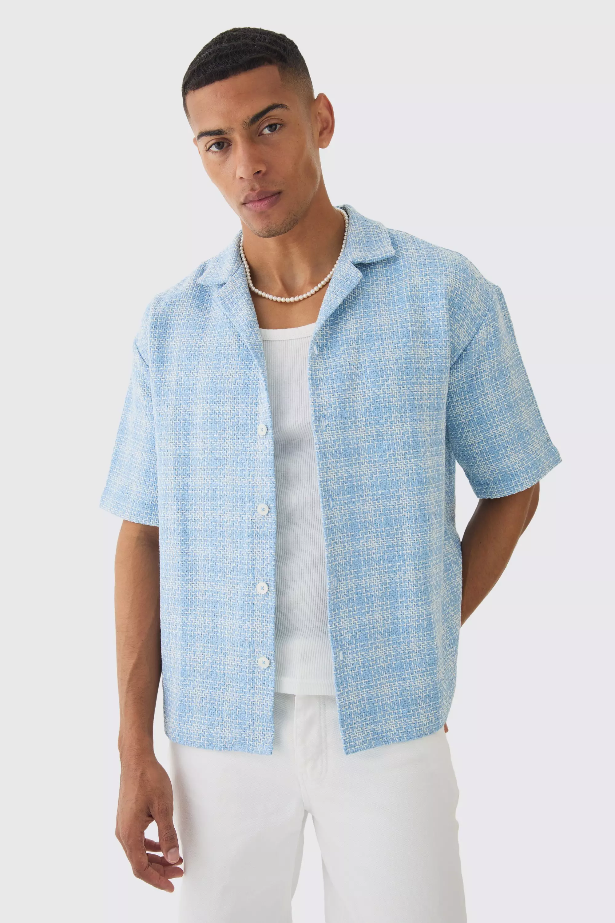 Oversized Boucle Check Short Sleeve Revere Shirt Light blue