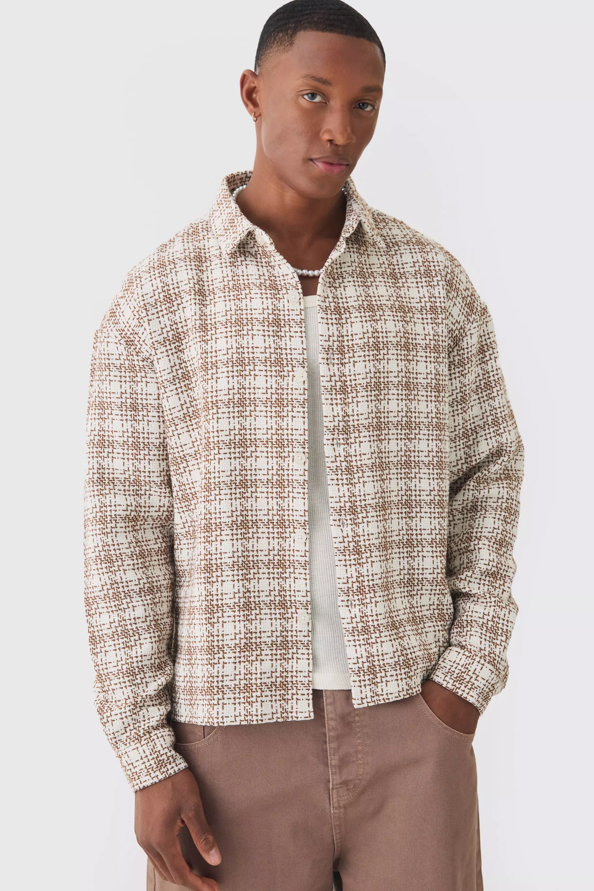 Oversized Boucle Plaid Long Sleeve Overshirt Ecru