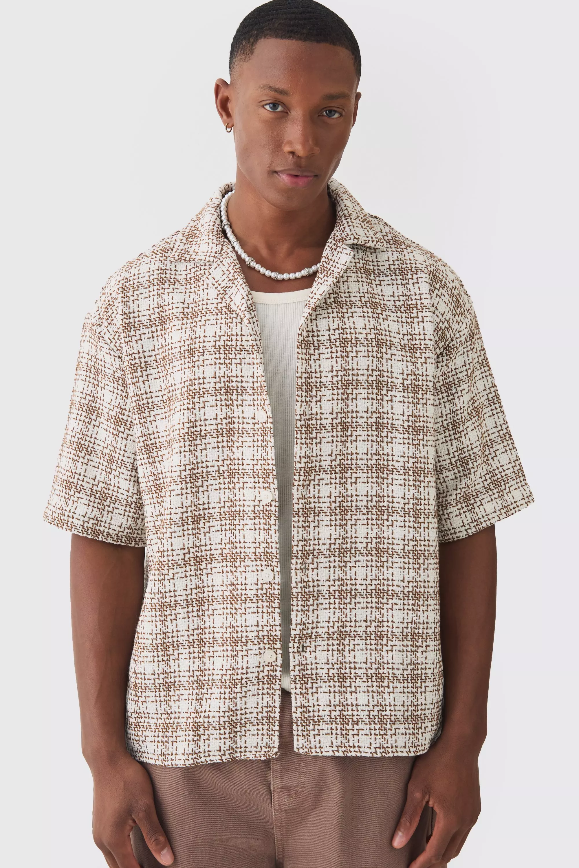 Oversized Boucle Check Short Sleeve Revere Shirt Ecru