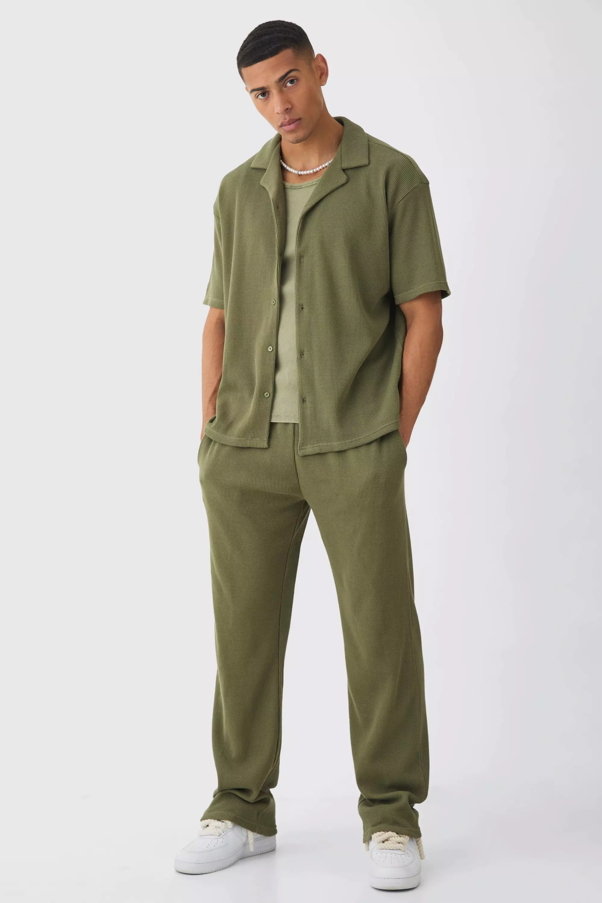 Khaki Oversized Waffle Shirt & Relaxed Jogger Set