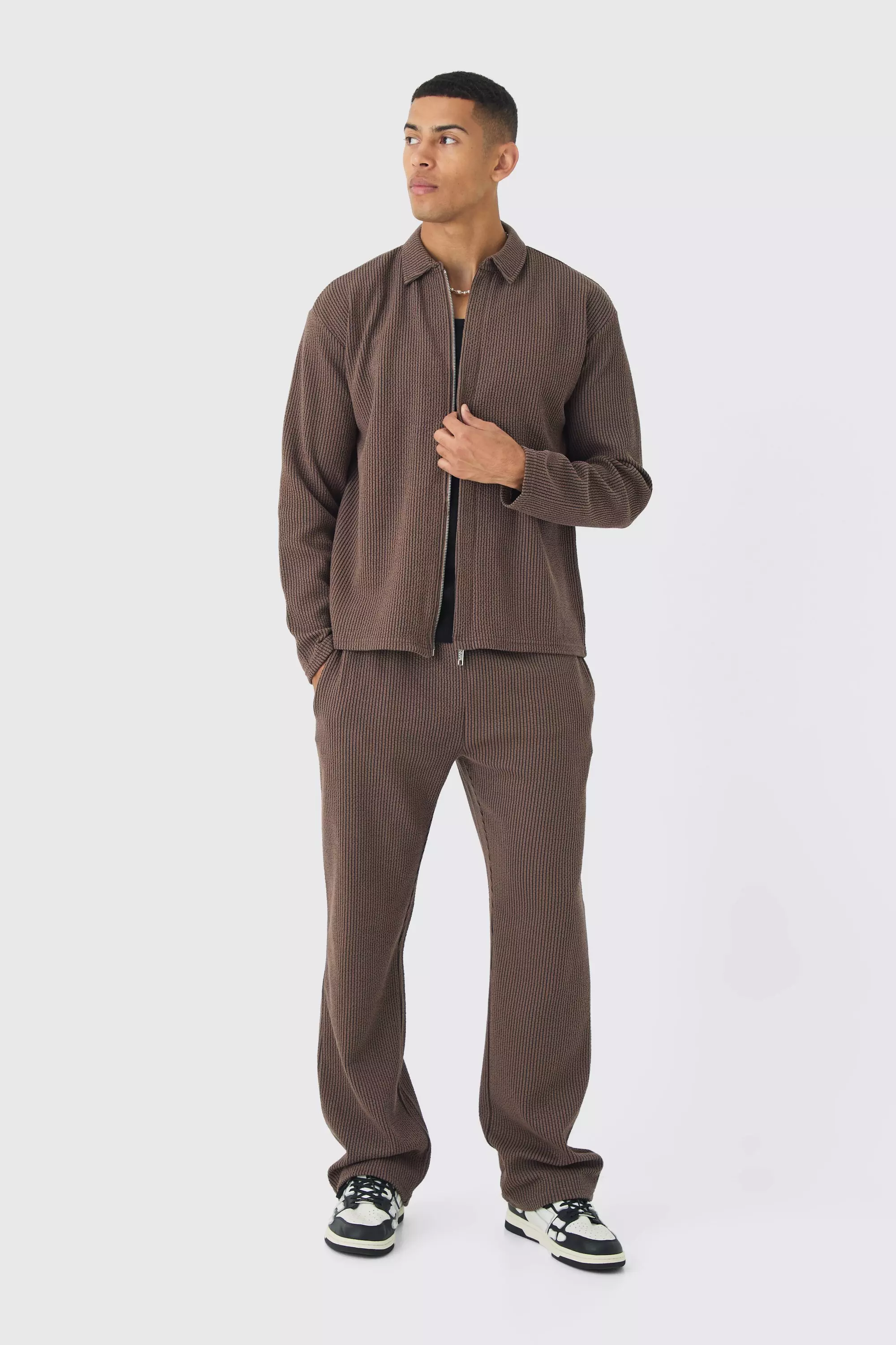 Oversized Two-tone Zip Ribbed Jersey Shirt & Straight Sweatpants Set coffee