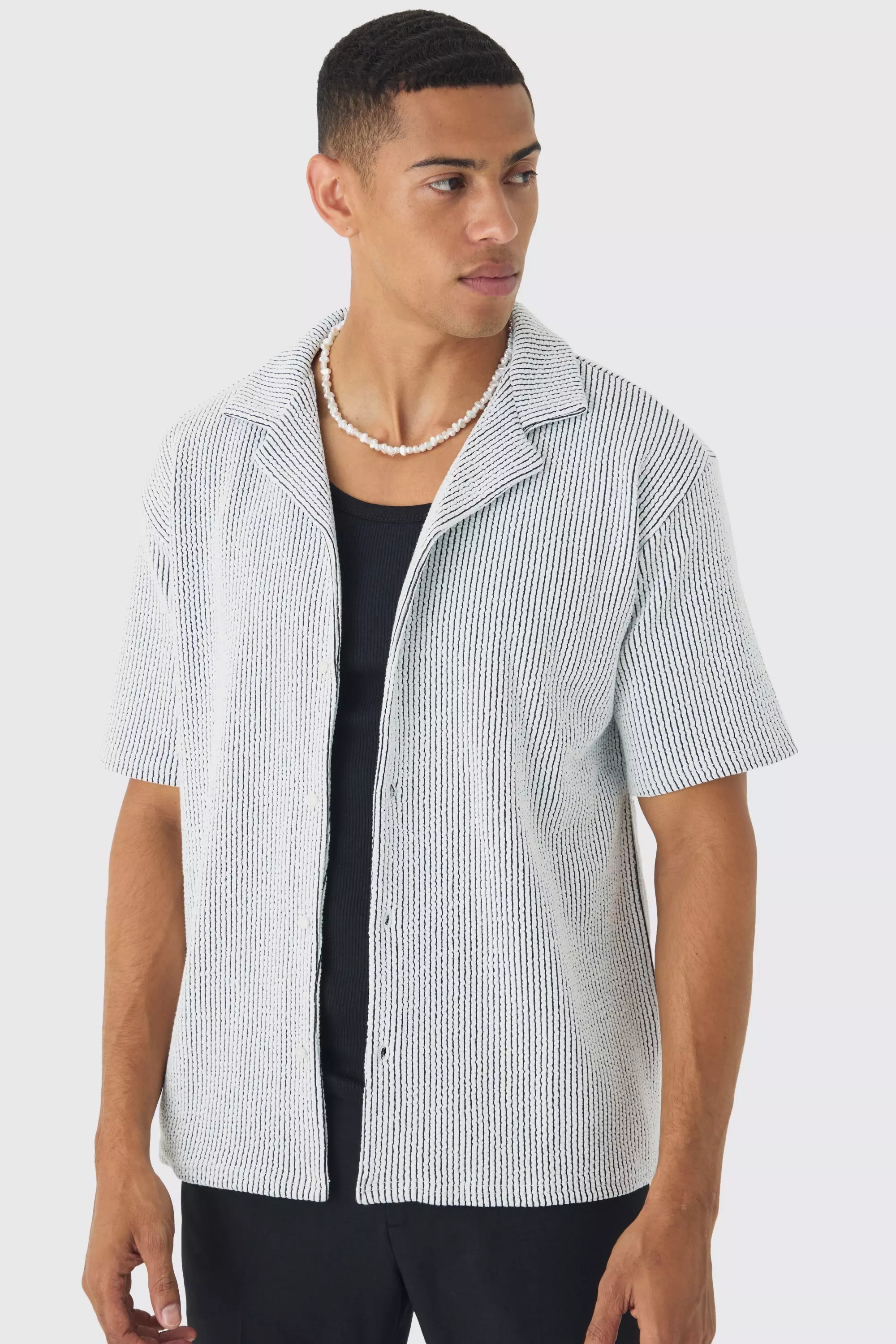 White Oversized Two-tone Ribbed Revere Jersey Shirt