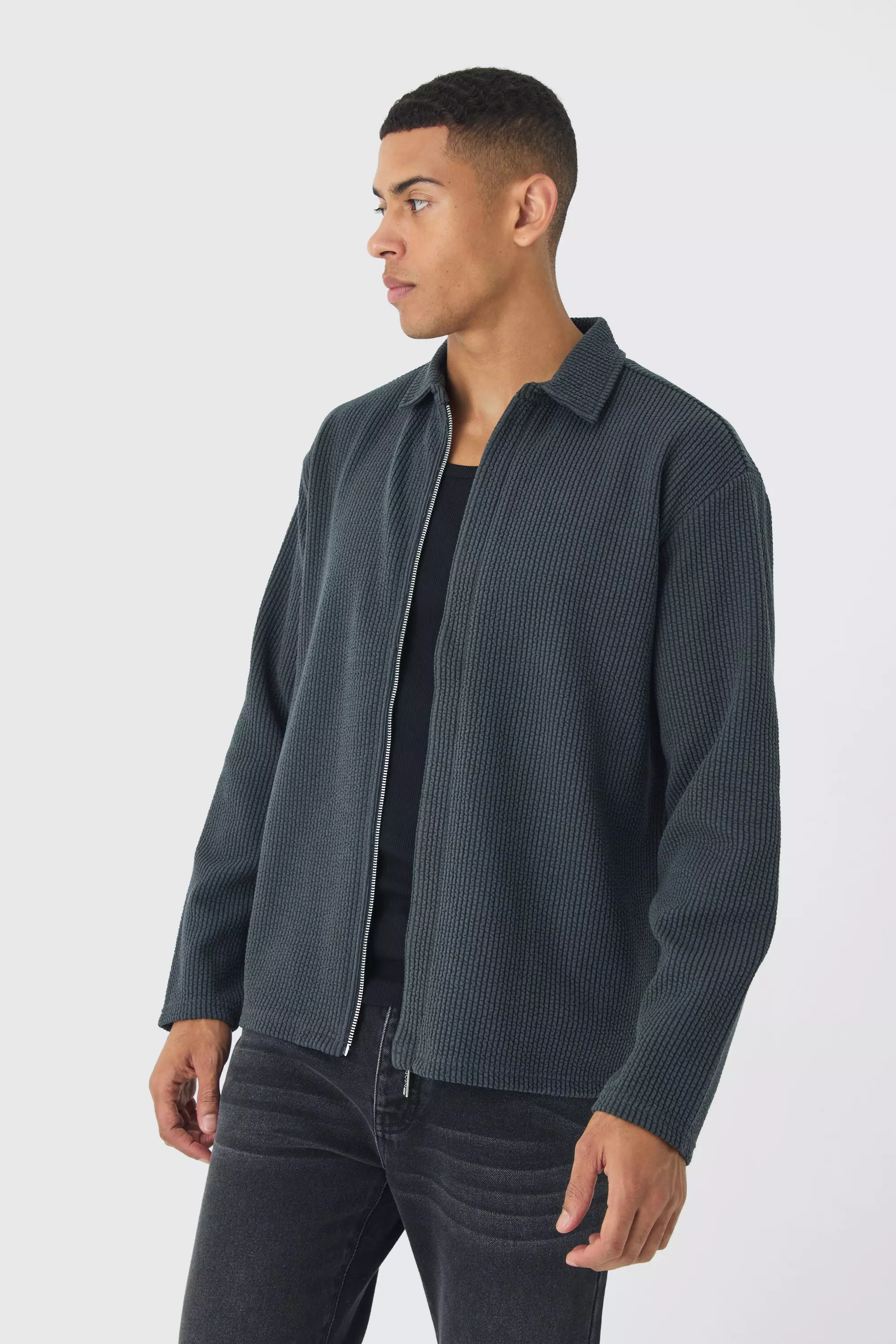 Oversized Two-tone Zip Through Ribbed Jersey Shirt Charcoal