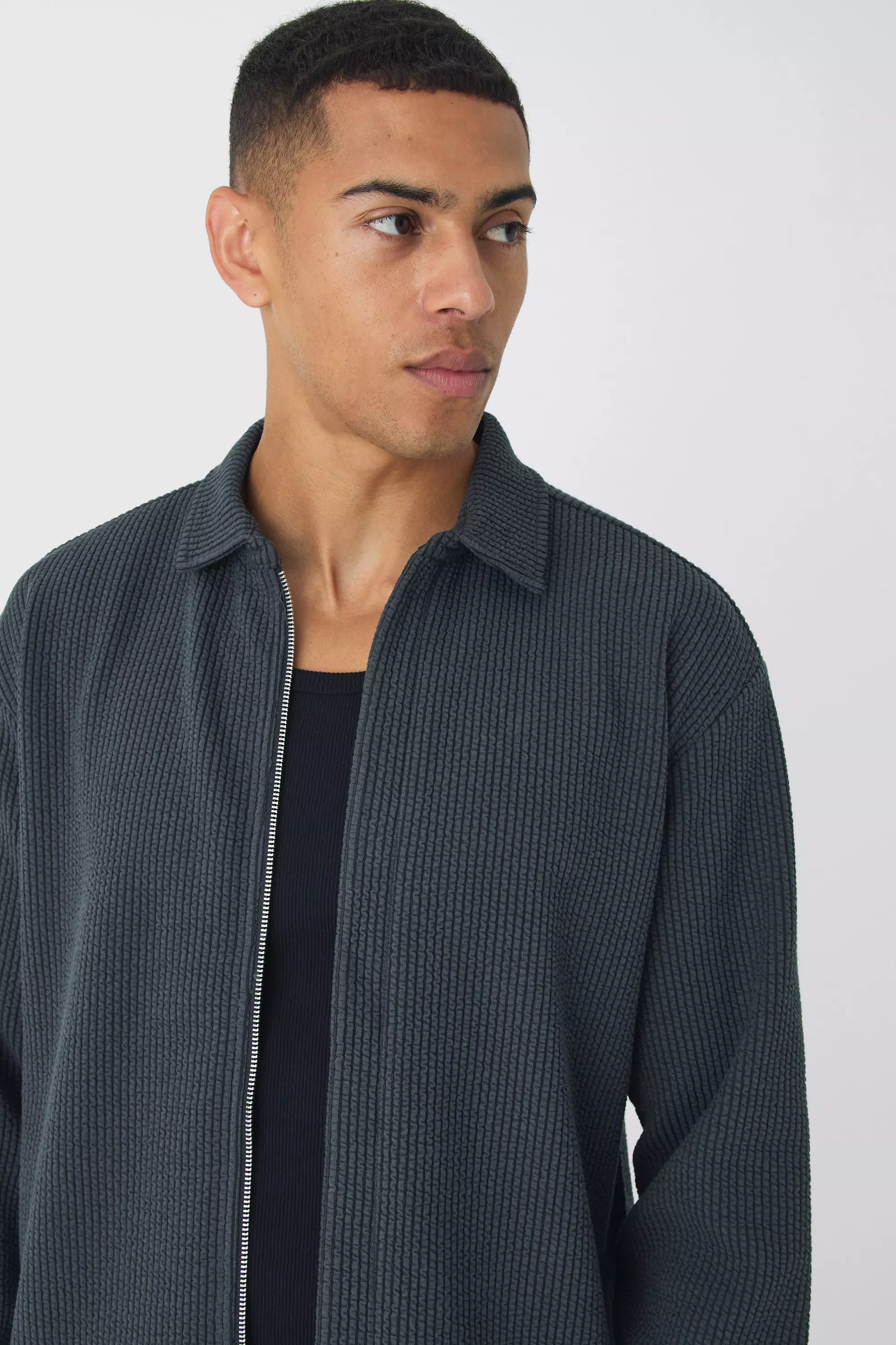 Charcoal Oversized Two-tone Zip Through Ribbed Jersey Shirt alternative image