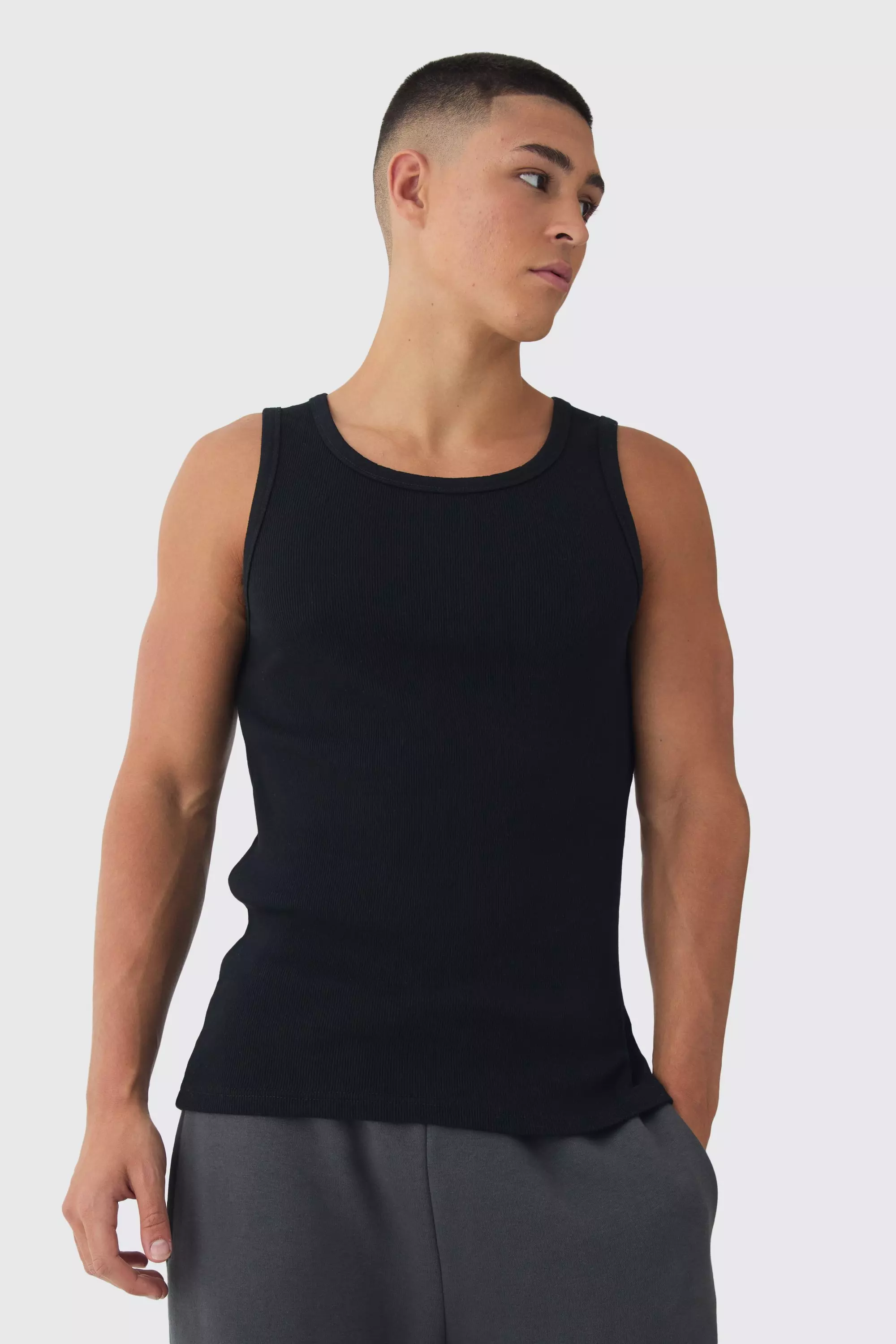 Basic Muscle Fit Ribbed Vest Black