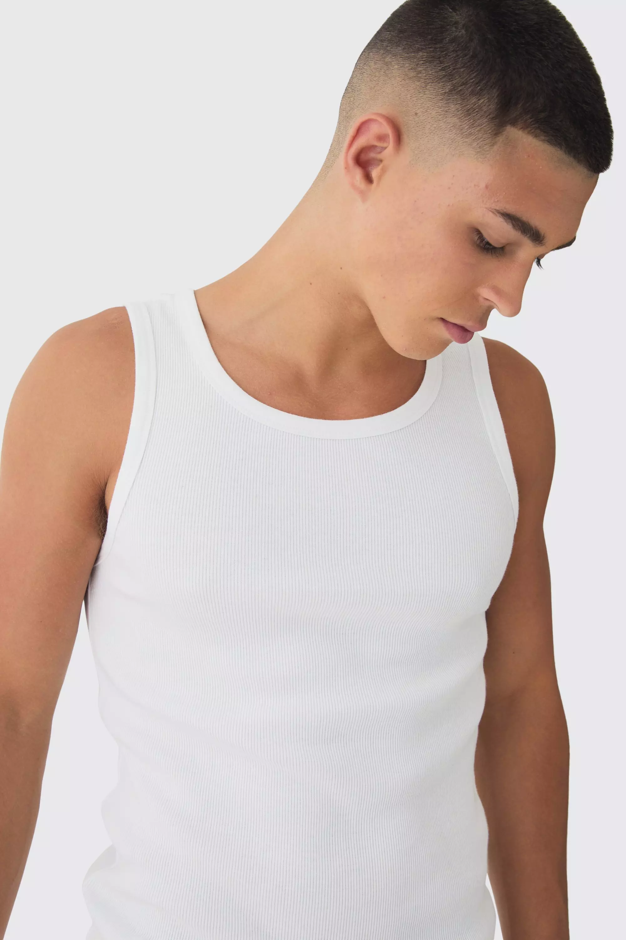 White Geribbeld Muscle Fit Hemd alternatieve afbeelding
