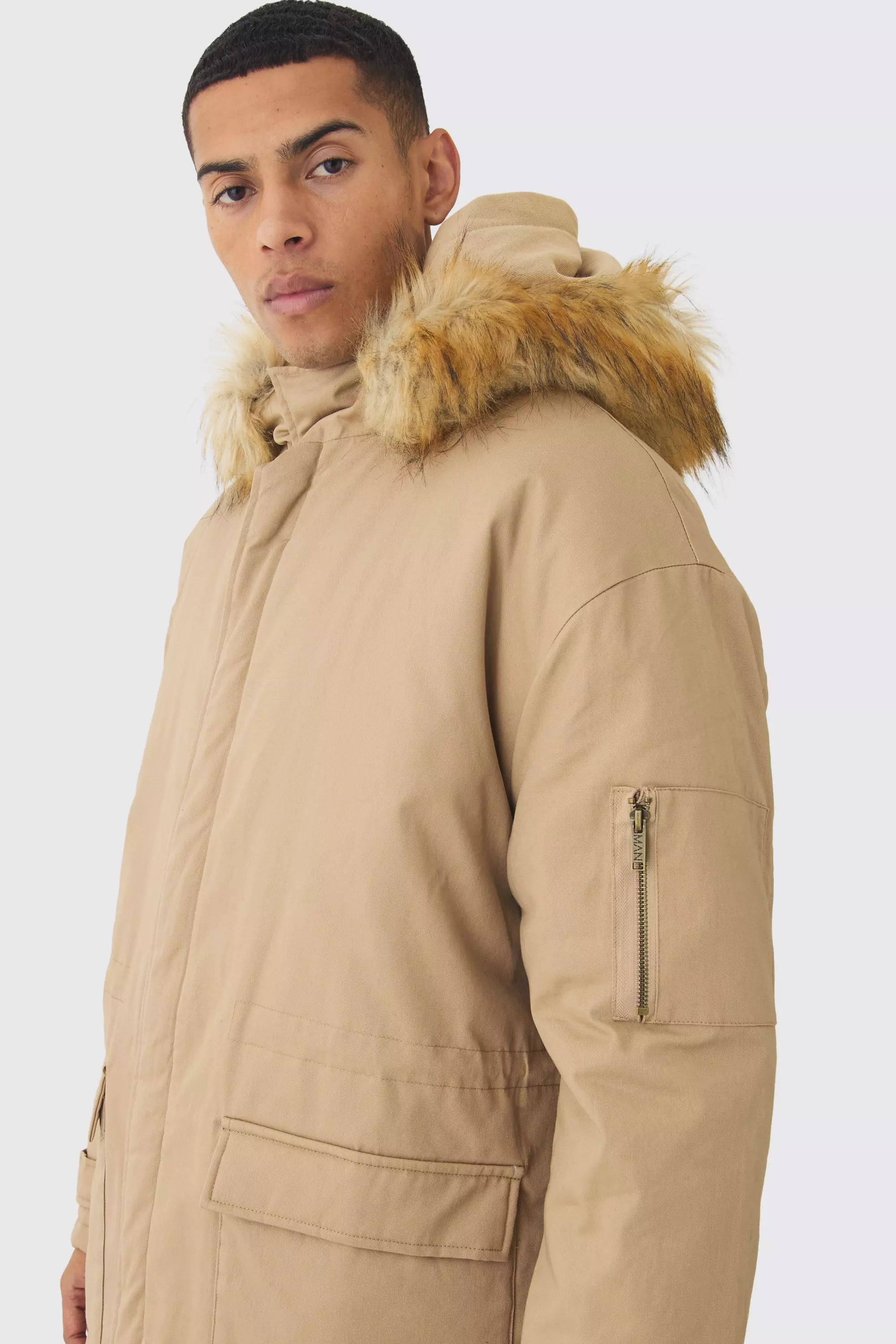 Oversized Twill Parka With Faux Fur Hood Trim In Tan boohooMAN UK