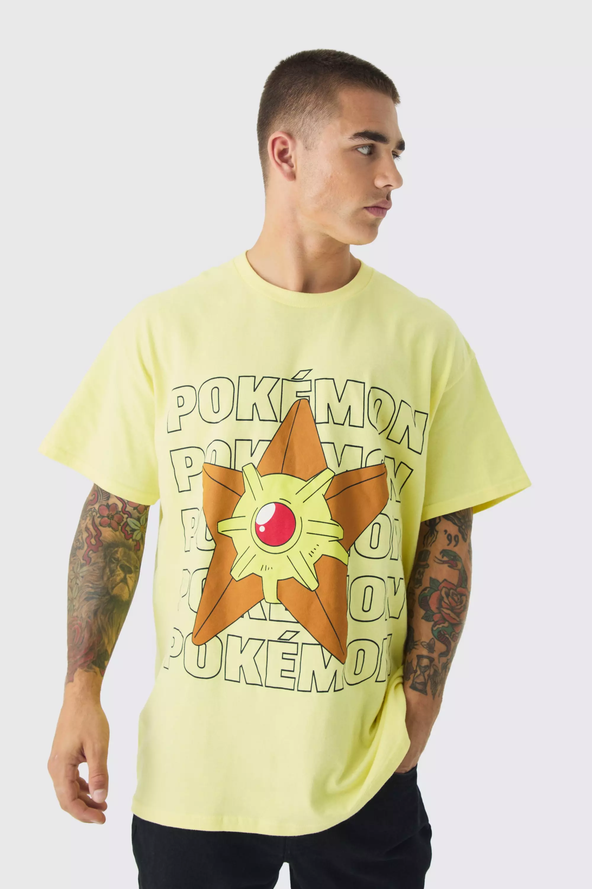 Yellow Oversized Pokemon Staryu Wash License Print T-shirt