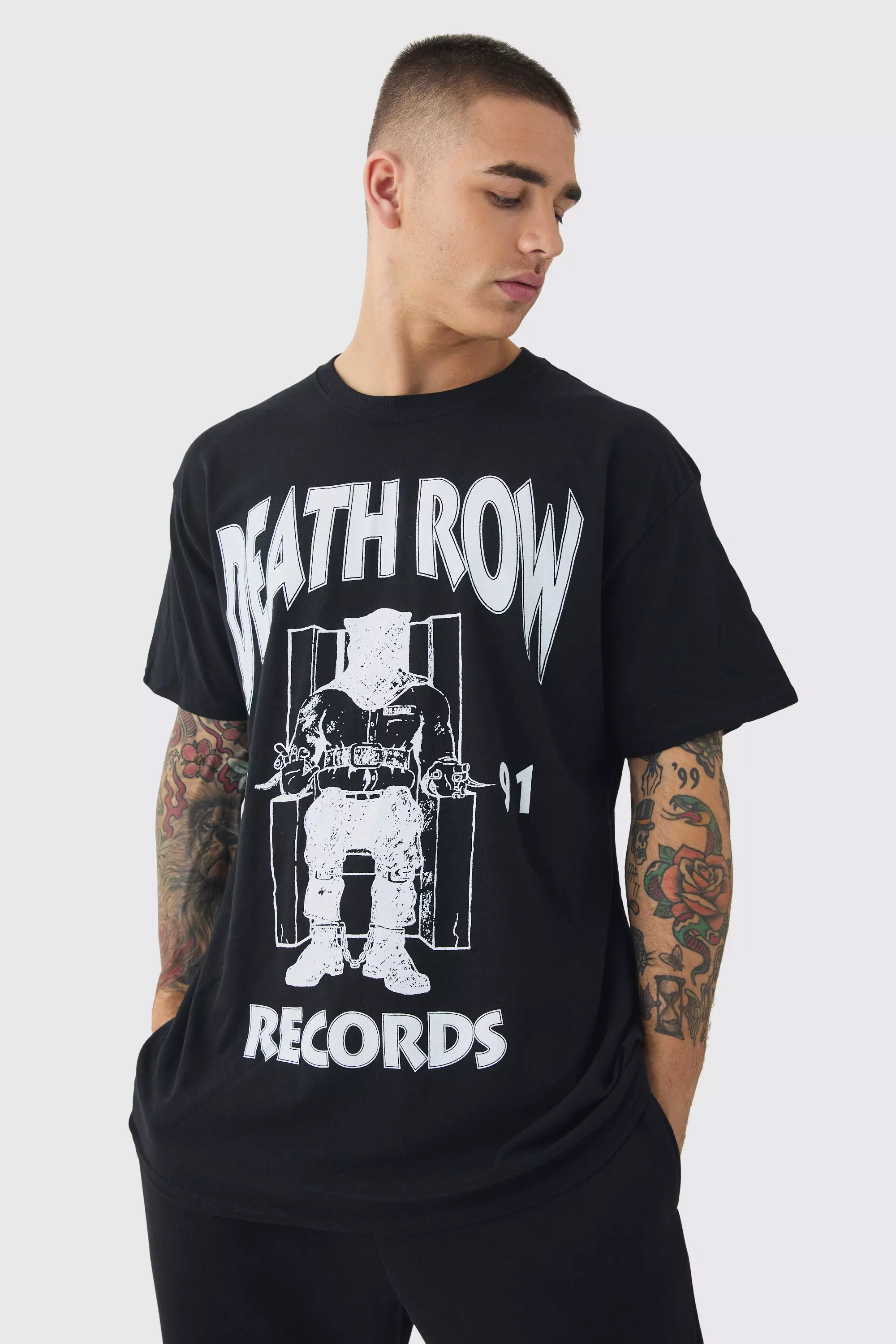 Black Oversized Death Row Records License Print T-shirt alternative image