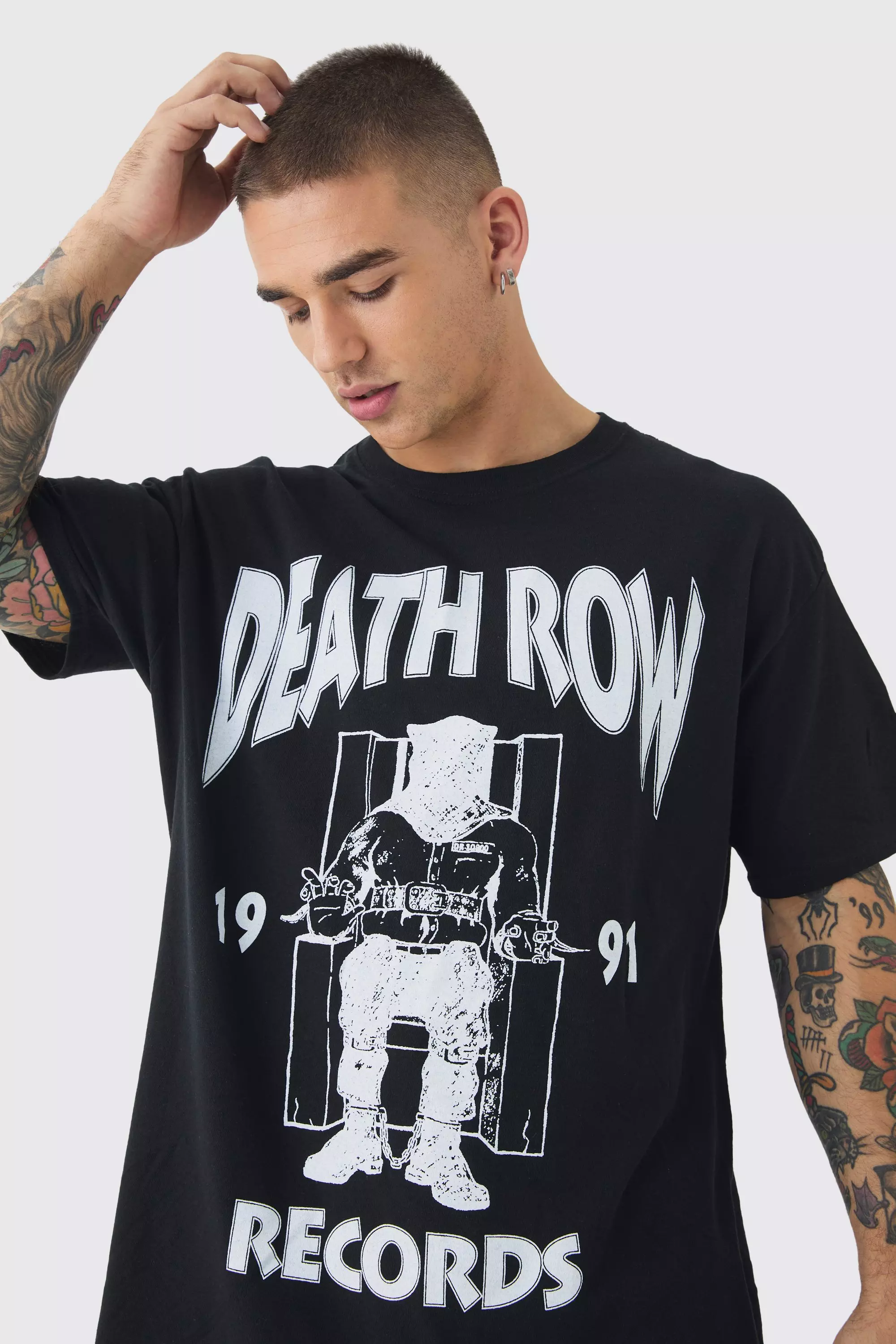 Black Oversized Death Row Records License Print T-shirt alternative image