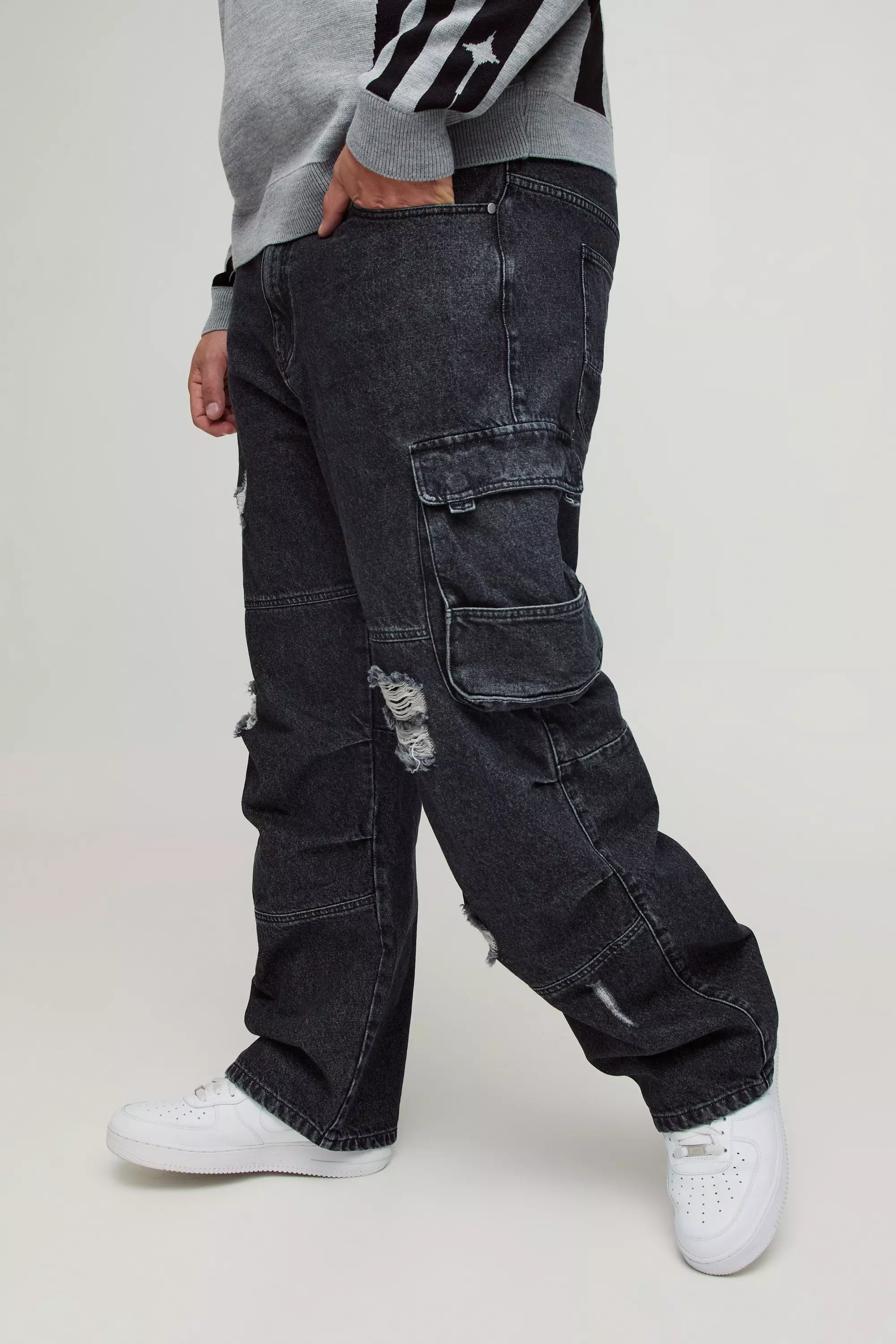 Black Plus Distressed Cargo Relaxed Fit Jeans