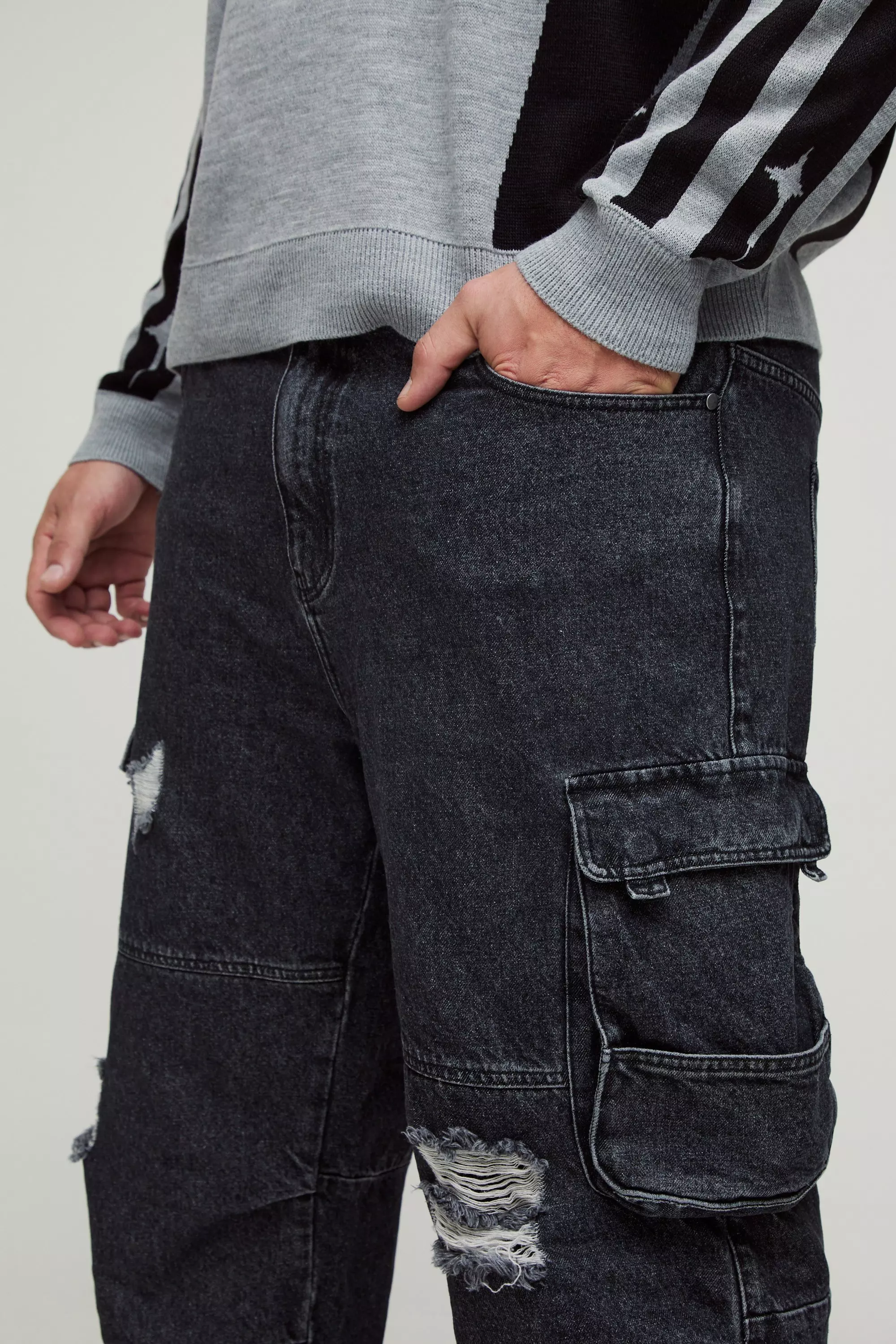 Mid wash Plus Versleten Baggy Cargo Jeans alternatieve afbeelding