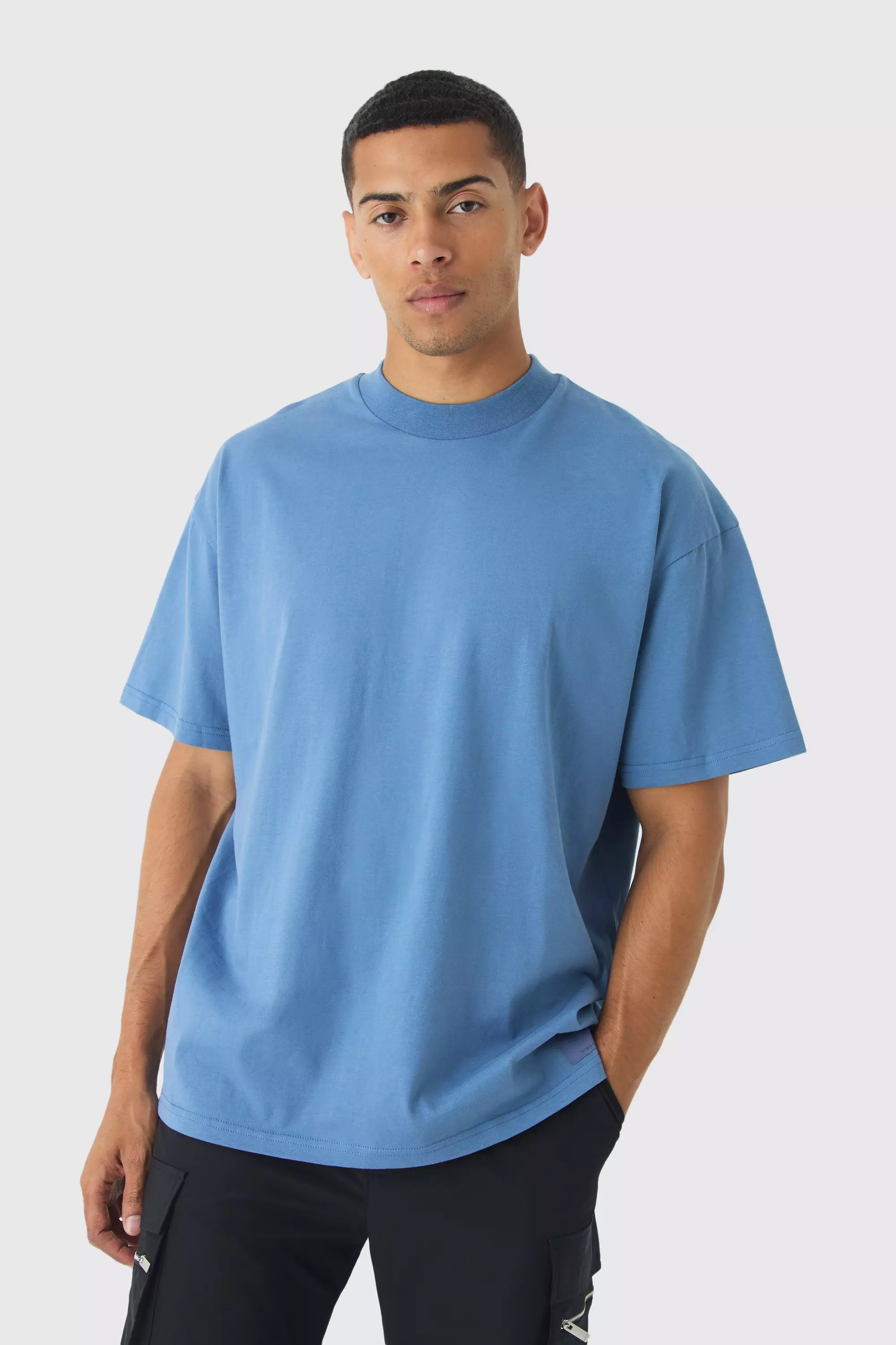 Oversized Extended Neck Heavyweight Woven Tab T-shirt Dusty blue