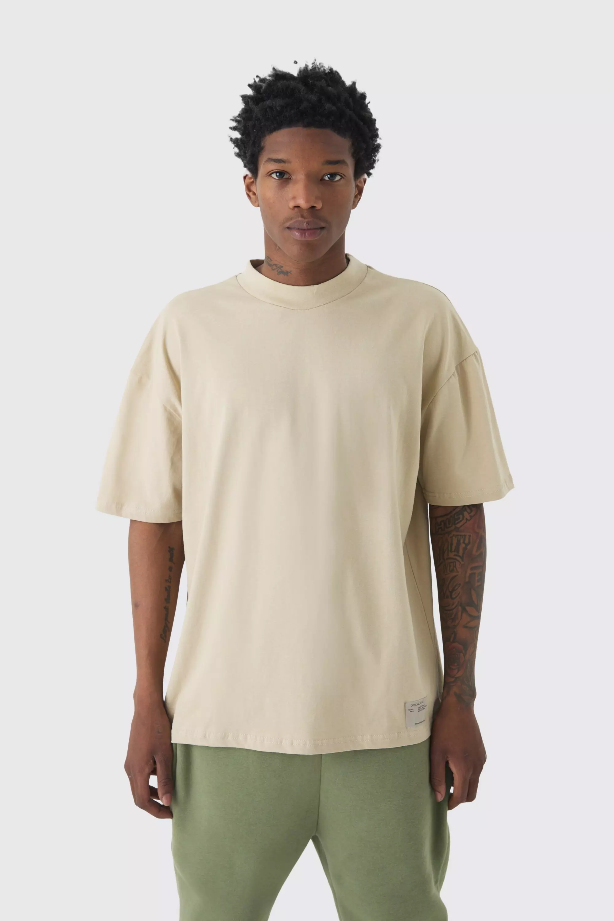 Stone Beige Oversized Extended Neck Heavyweight Woven Tab T-shirt