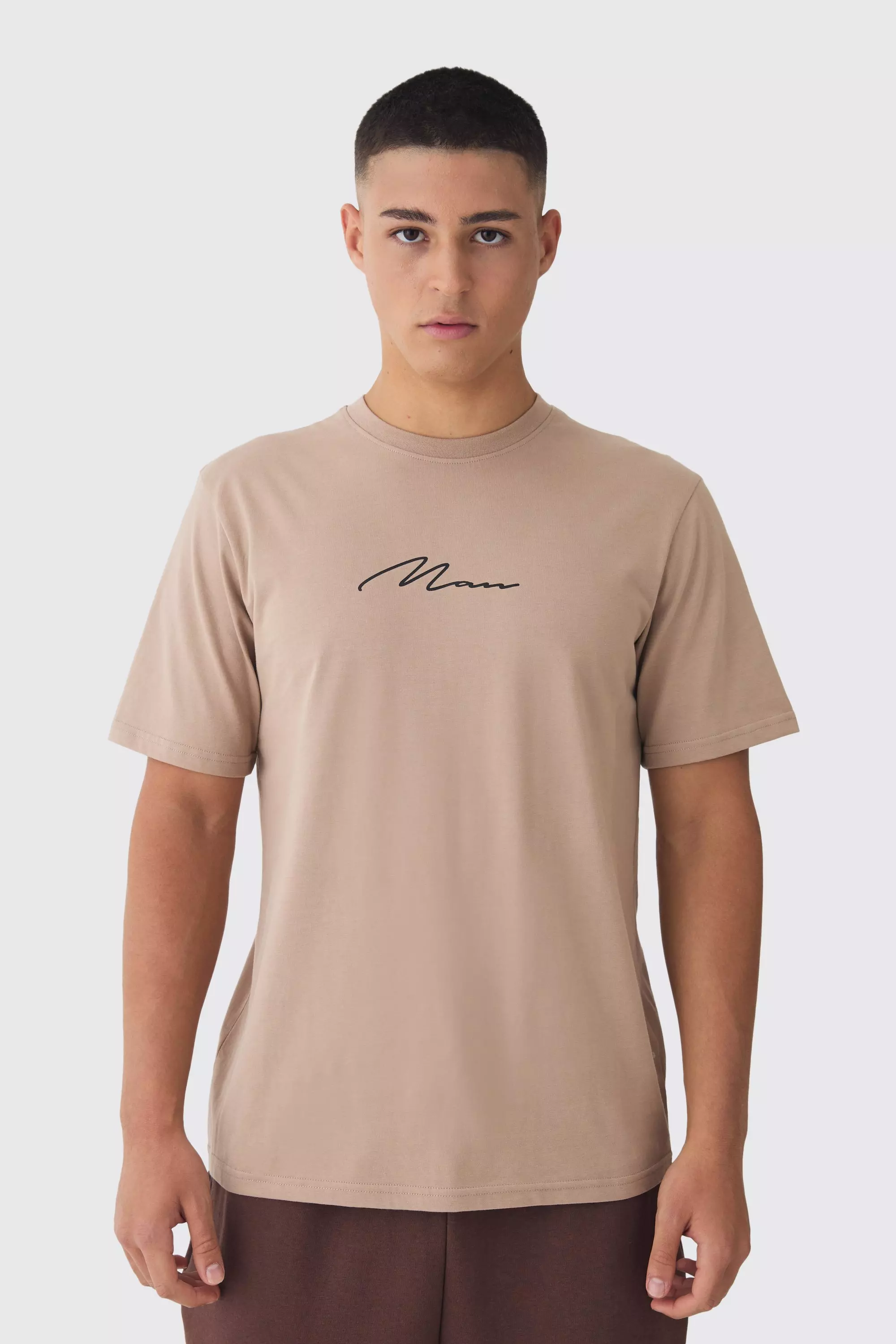 Taupe Beige Man Signature Crew Neck Basic T-shirt