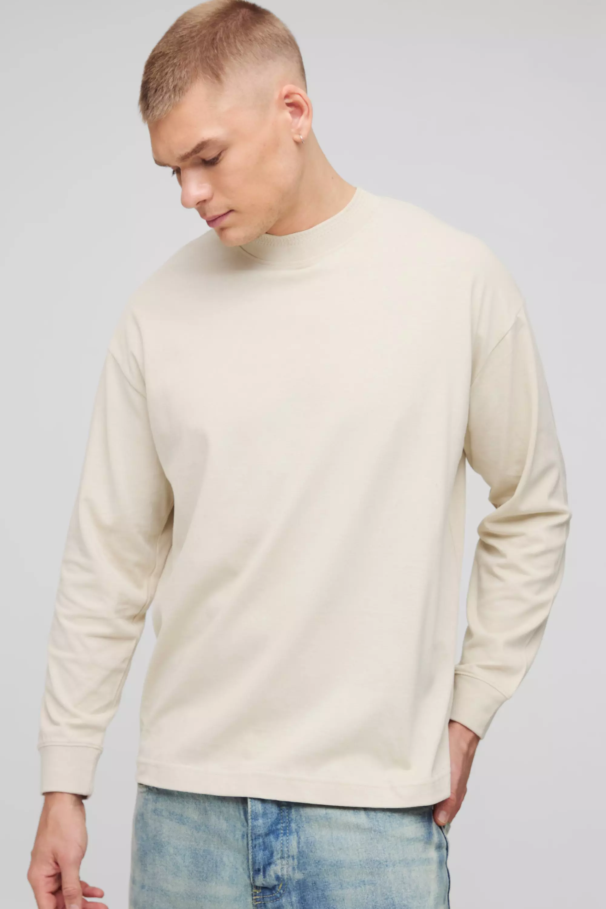 Stone Beige Oversized Heavyweight Jacquard Neck Long Sleeve T-shirt