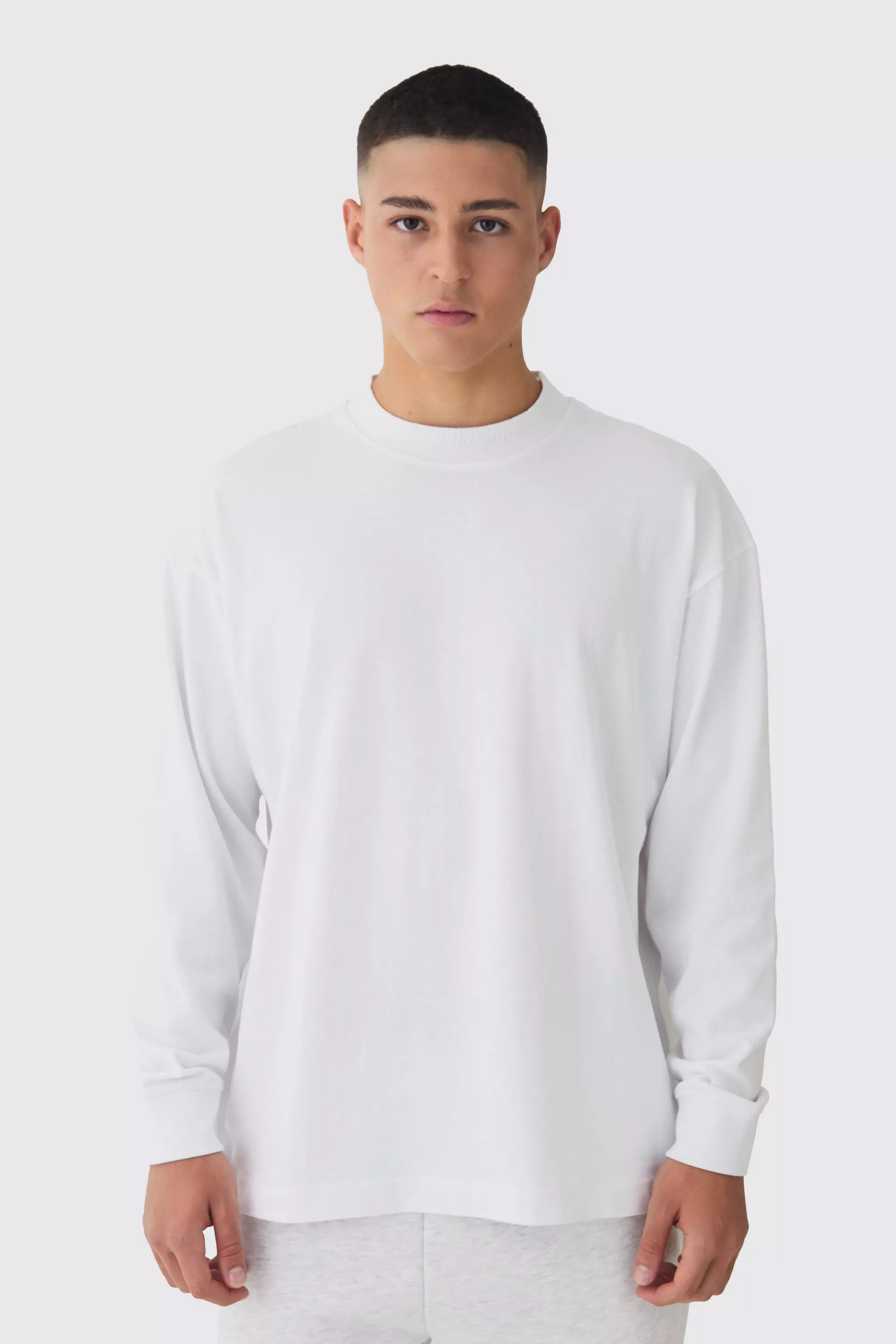 Oversized Heavyweight Jacquard Neck Long Sleeve T-shirt White