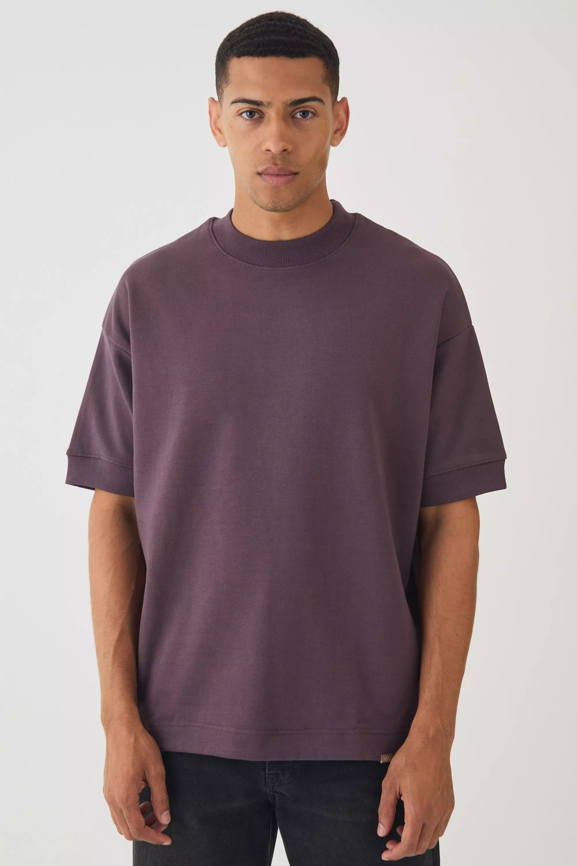 Man Oversized Extended Neck Heavy Interlock Ribbed Cuff T-shirt Plum