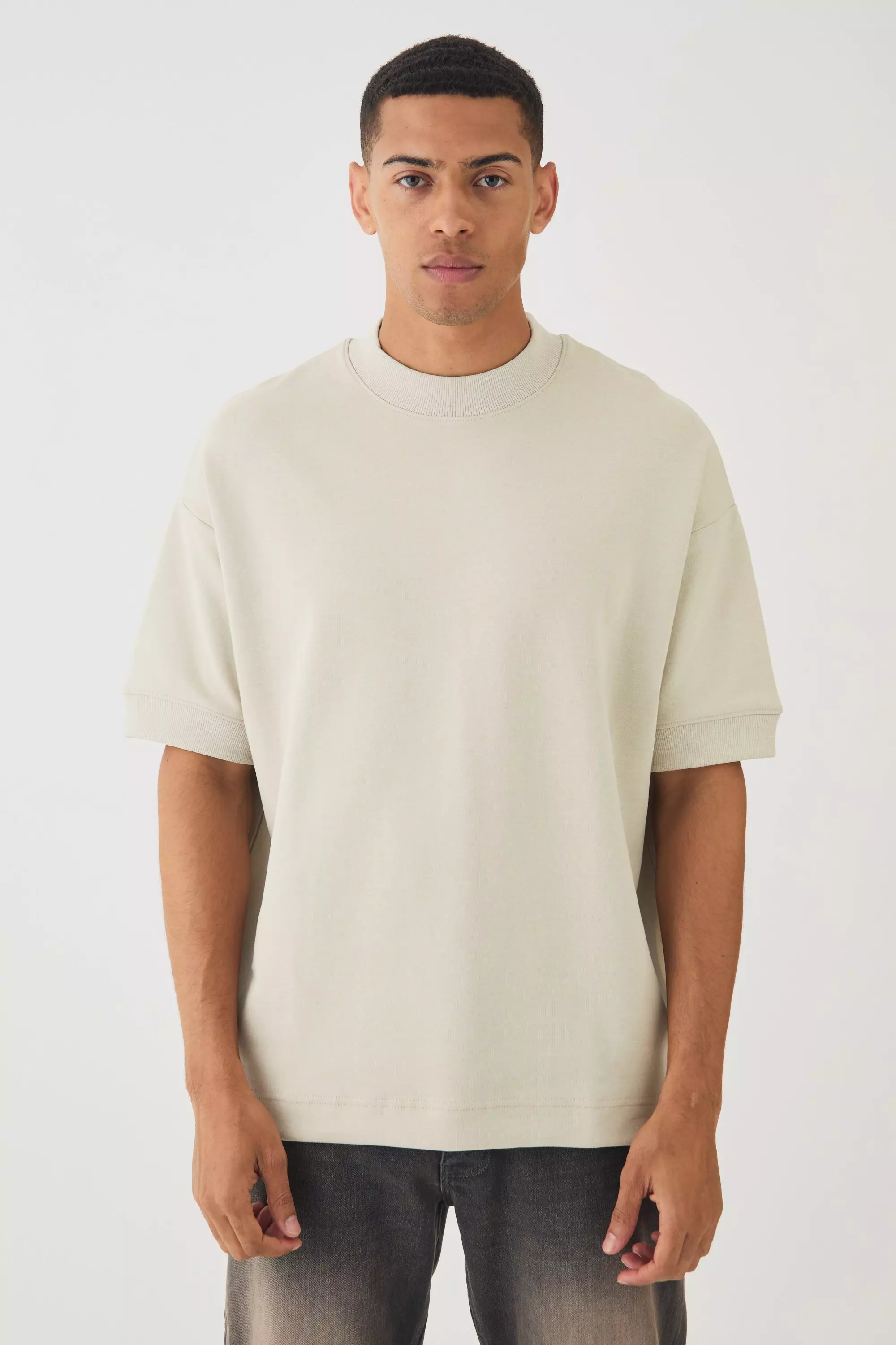 Stone Beige Man Oversized Extended Neck Heavy Interlock Ribbed Cuff T-shirt