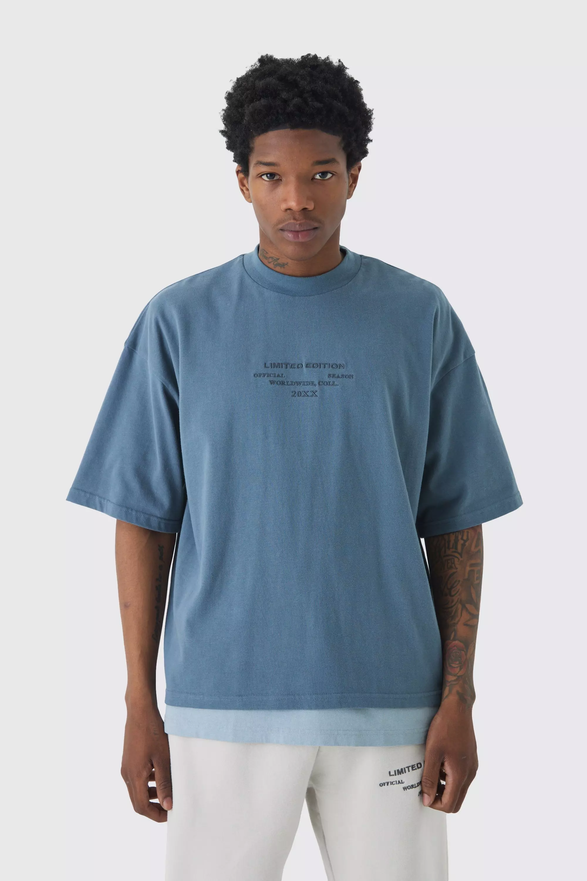 Blue Oversized Boxy Extended Neck Peached Heavyweight T-shirt