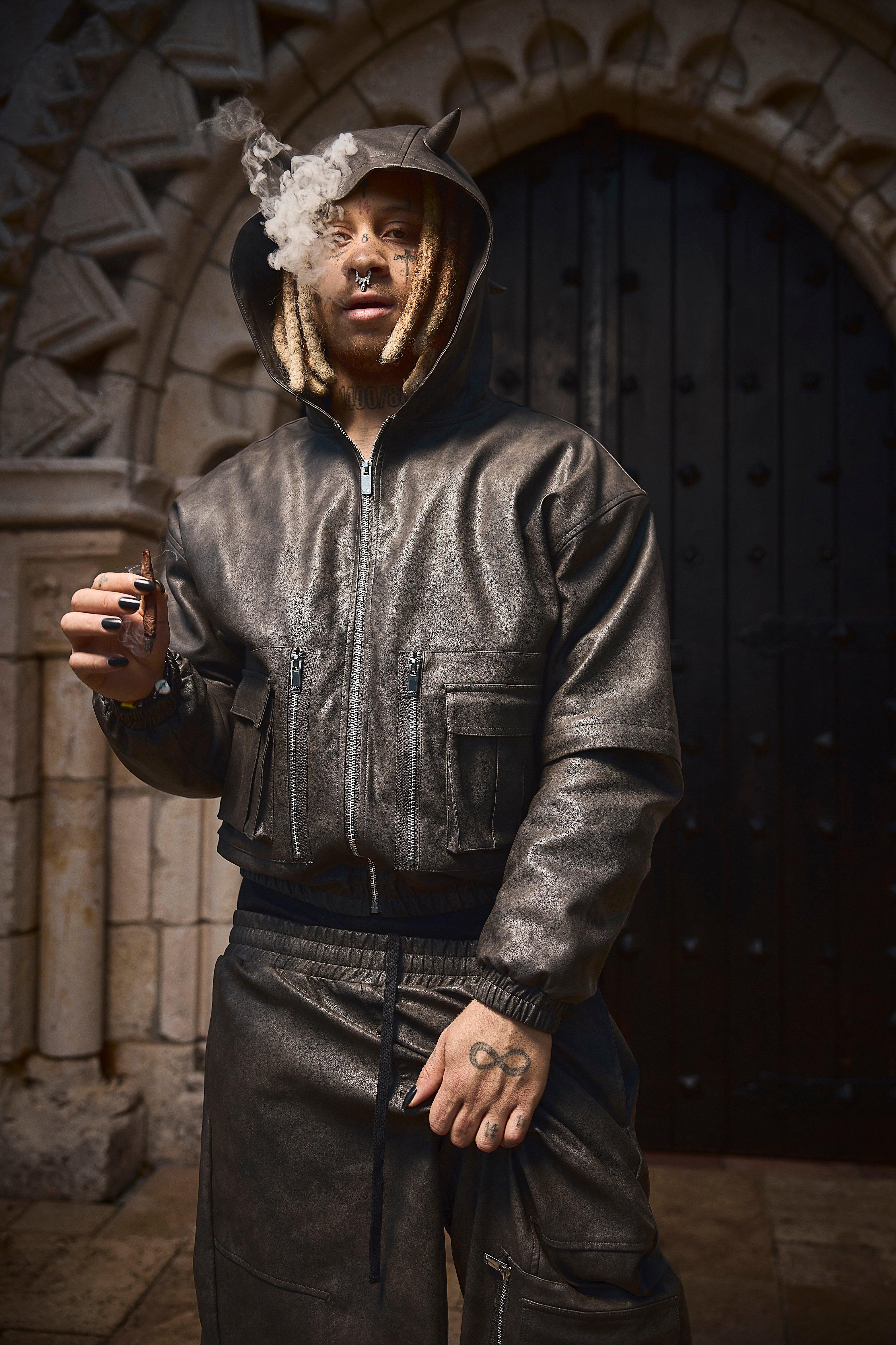 Trippie Redd Oversized Boxy PU Horn Detail Bomber Jacket In Trippie Redd Oversized Boxy PU Horn Detail Bomber Jacket In