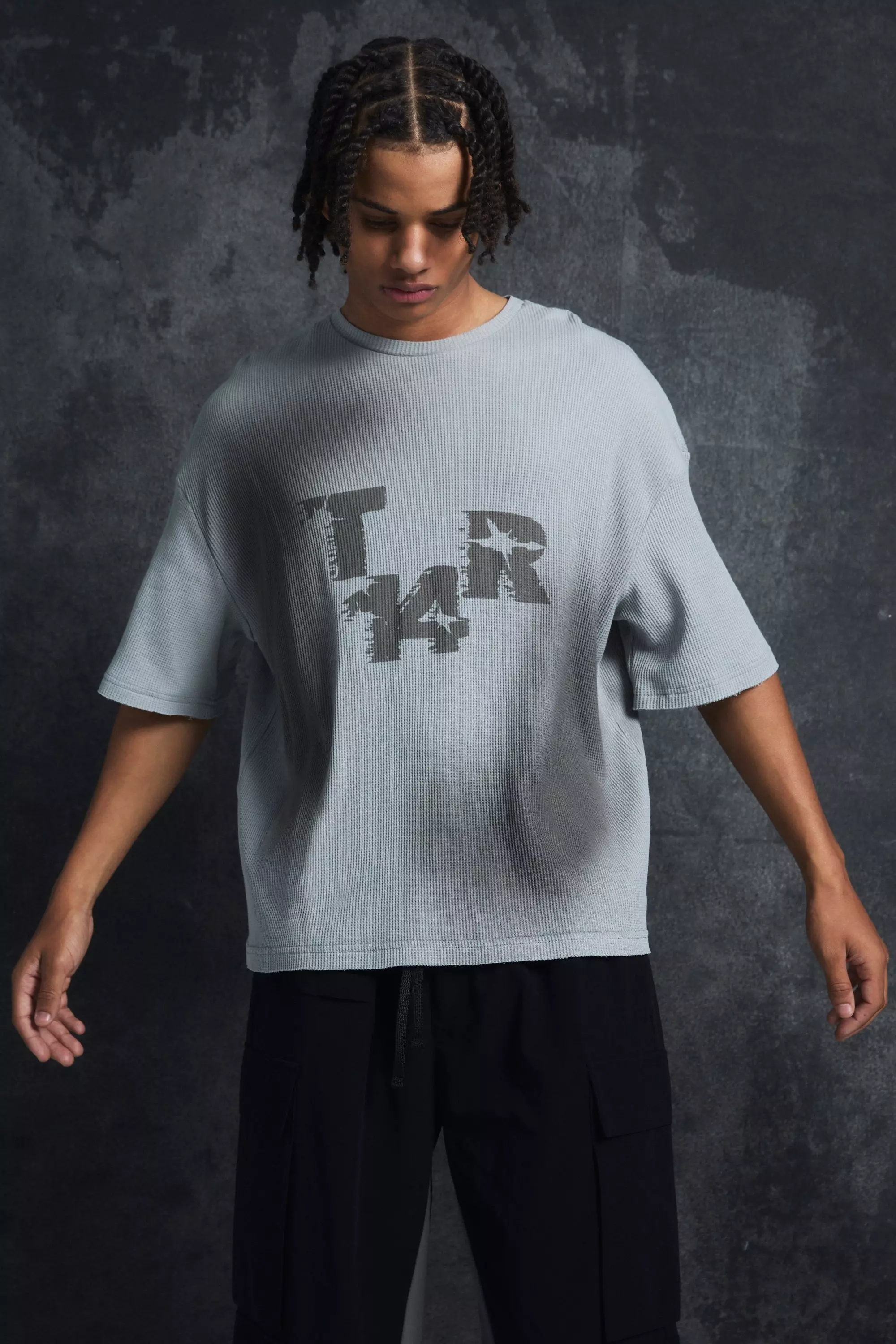 Trippie Redd Oversized Boxy Washed Waffle 14 Print T-shirt Charcoal