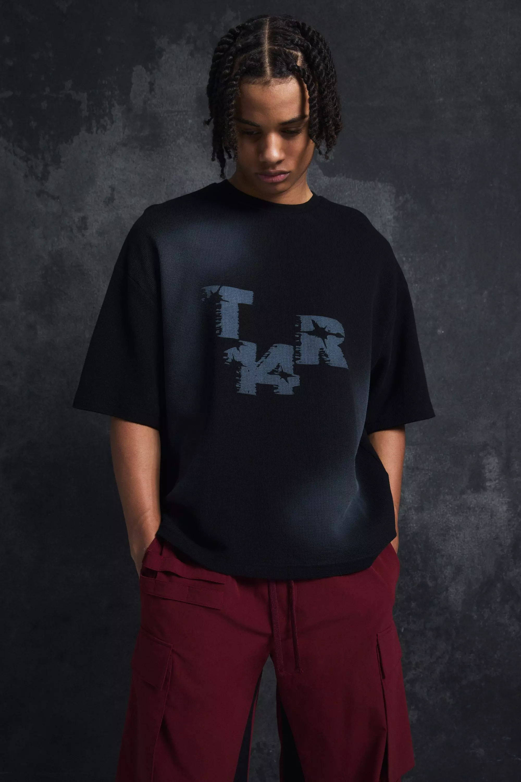 Trippie Redd Oversized Boxy Washed Waffle 14 Print T-shirt Black