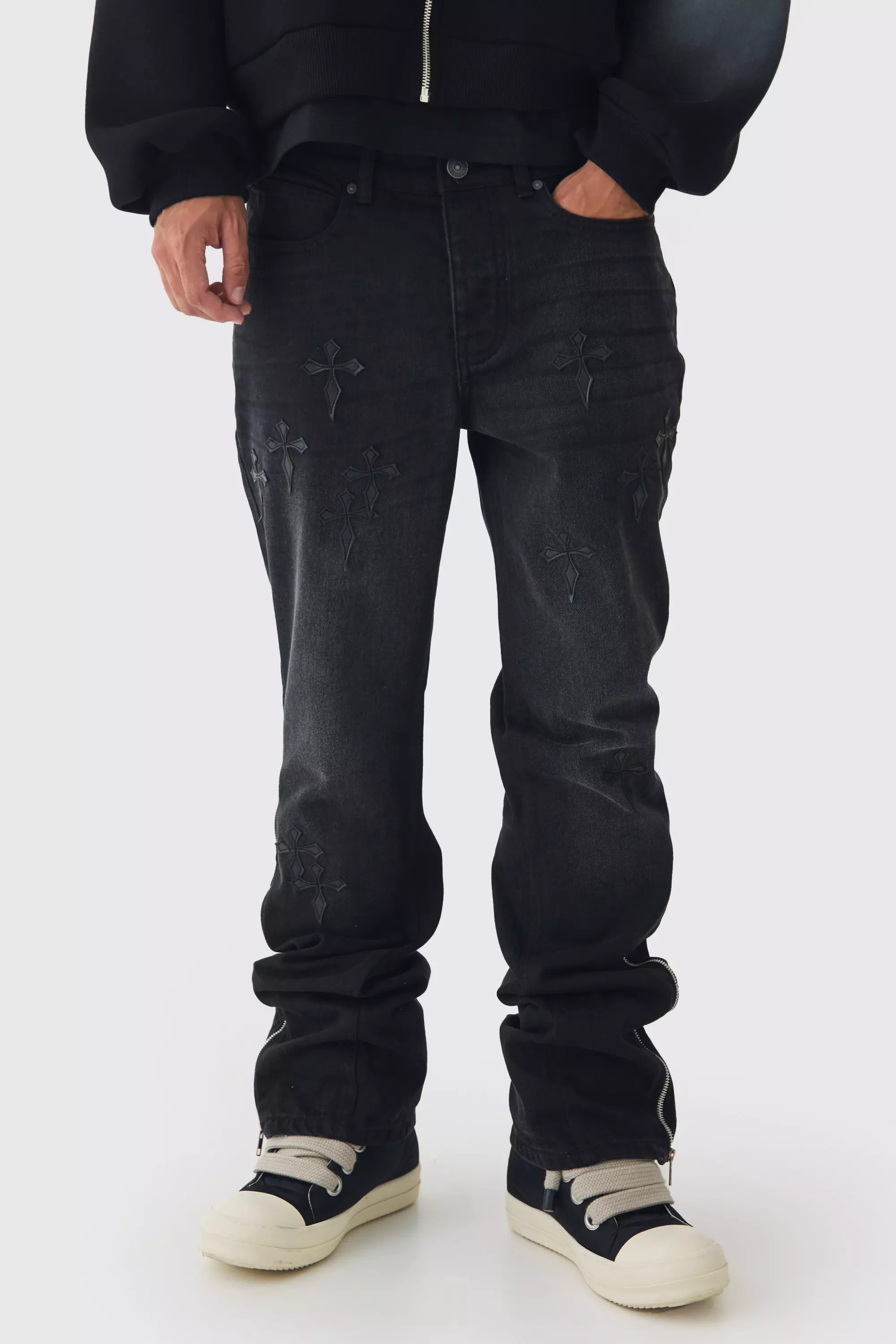 Slim Rigid Flare Washed Denim Cross Applique Jeans | boohooMAN USA