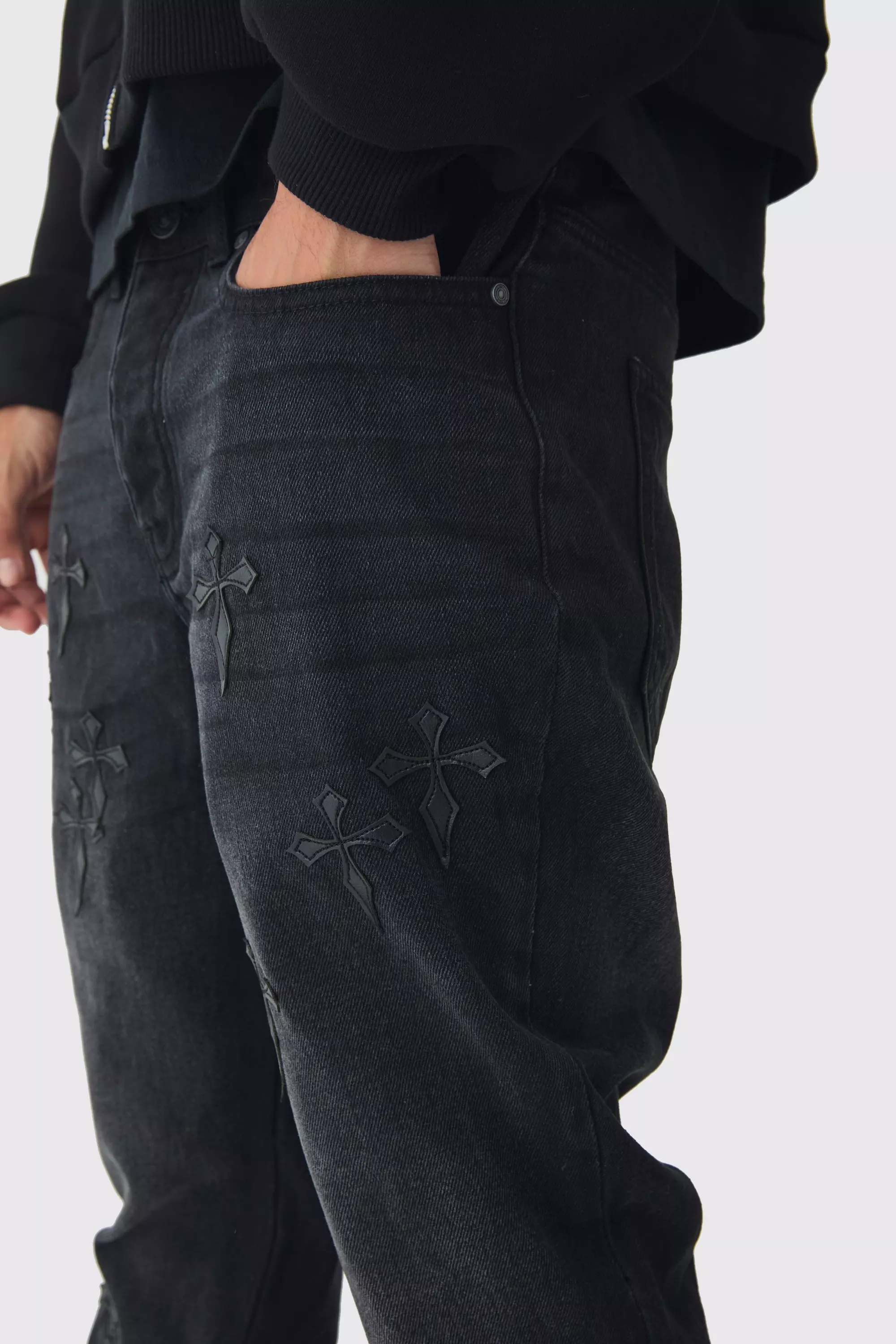 Slim Rigid Flare Washed Denim Cross Applique Jeans | boohooMAN USA