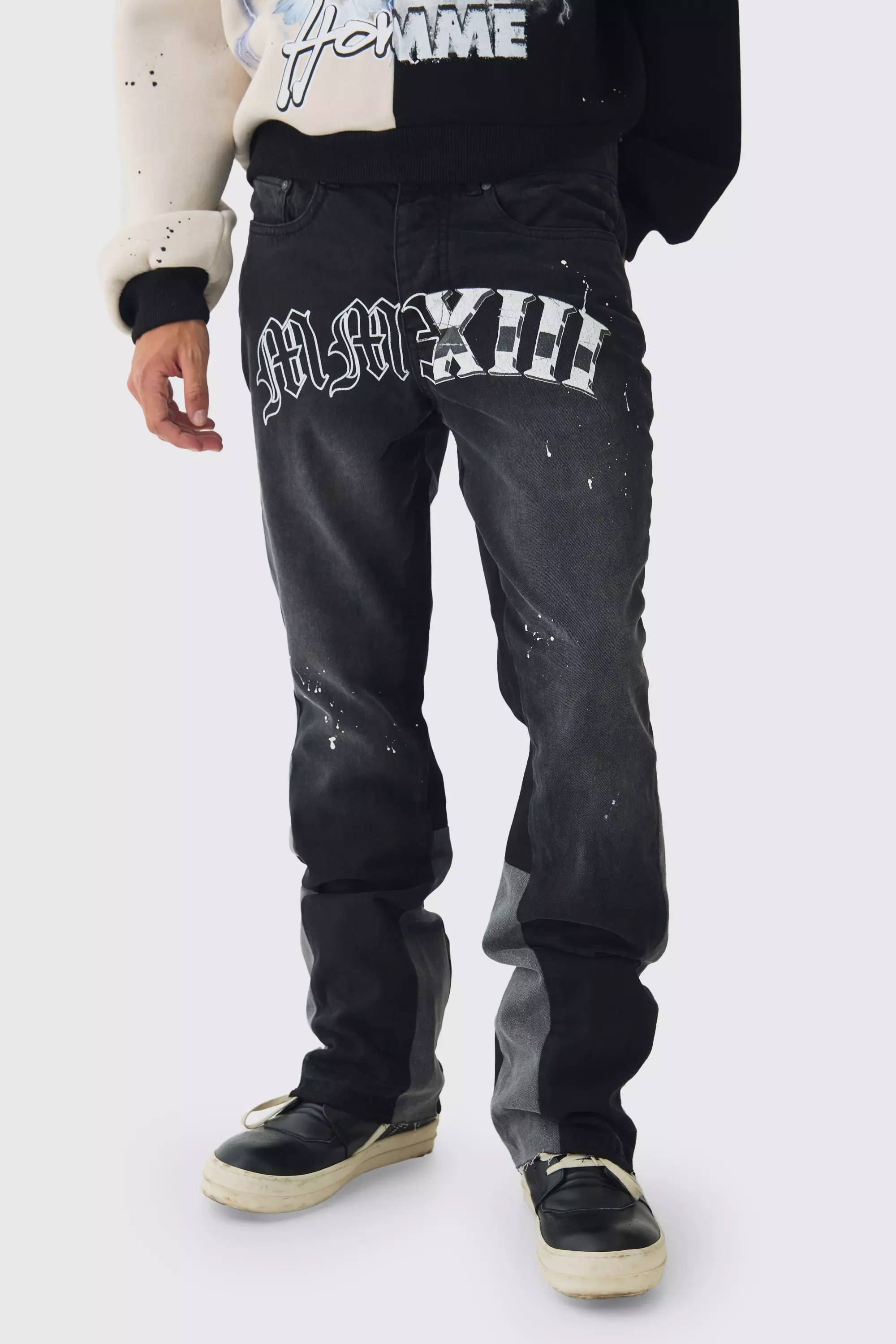 Black Slim Rigid Flare Washed Gusset Paint Splat Jeans