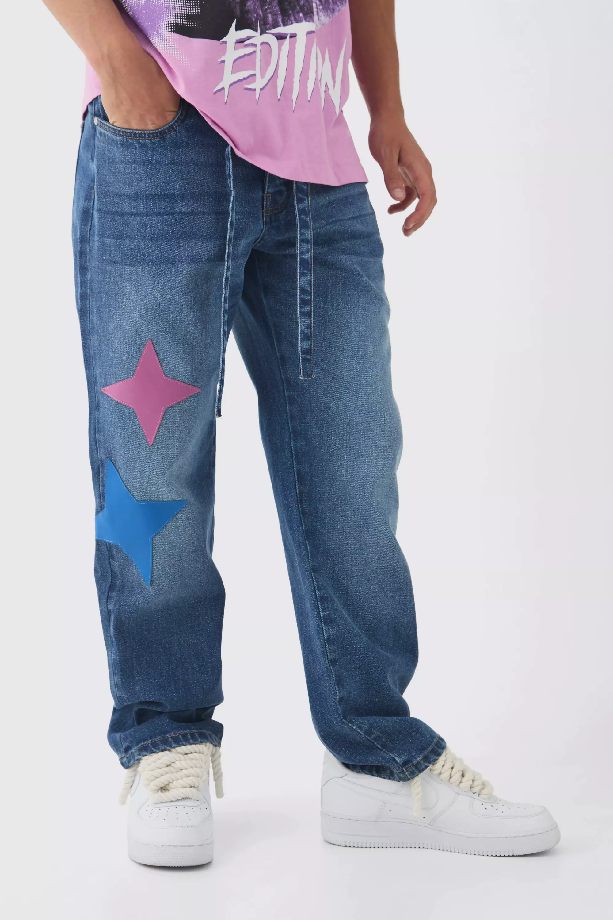 Lockere Jeans mit PU-Applikation, Mid blue alternatives Bild