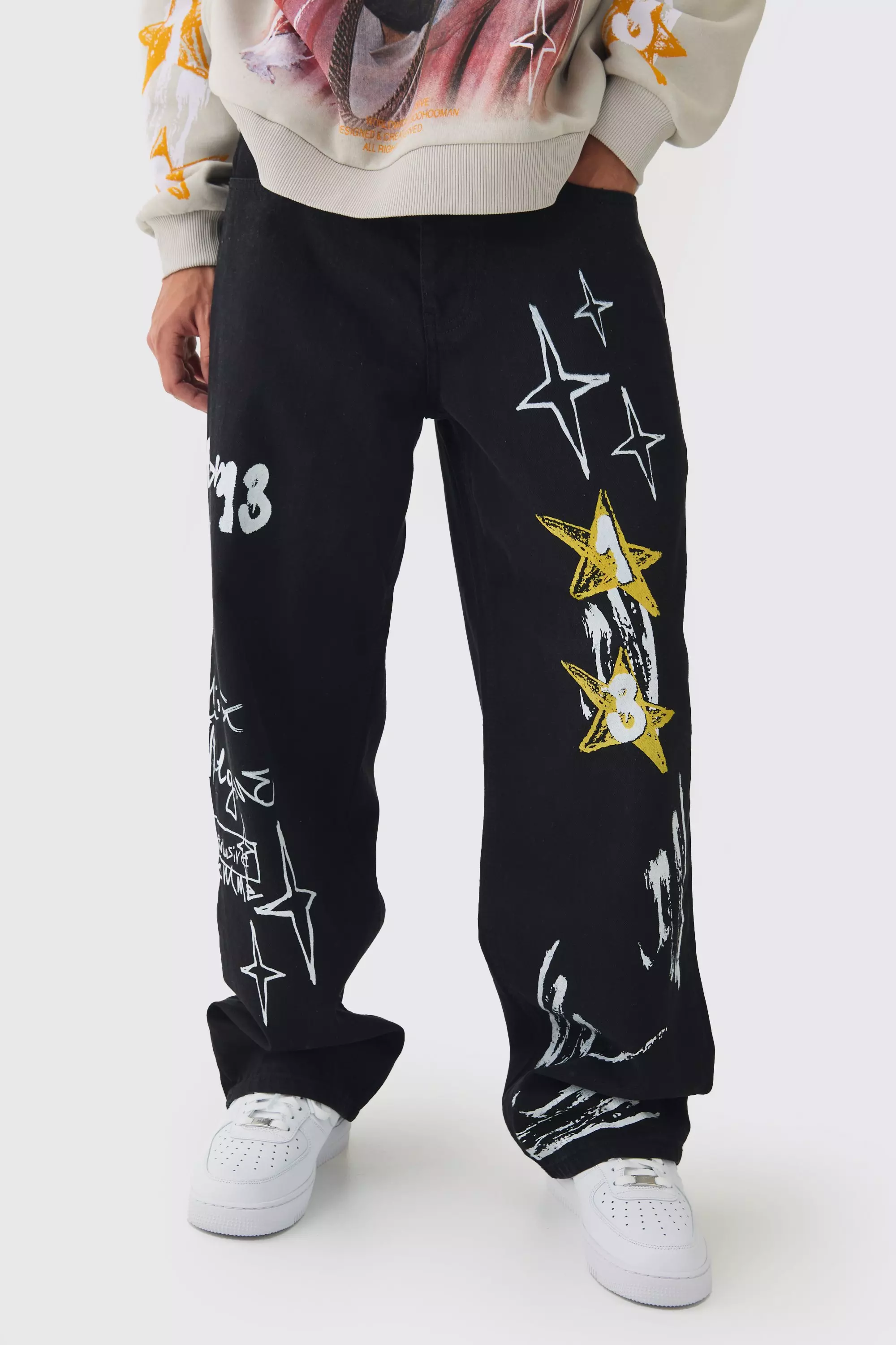 Black Baggy Rigid Graffiti Printed Jeans