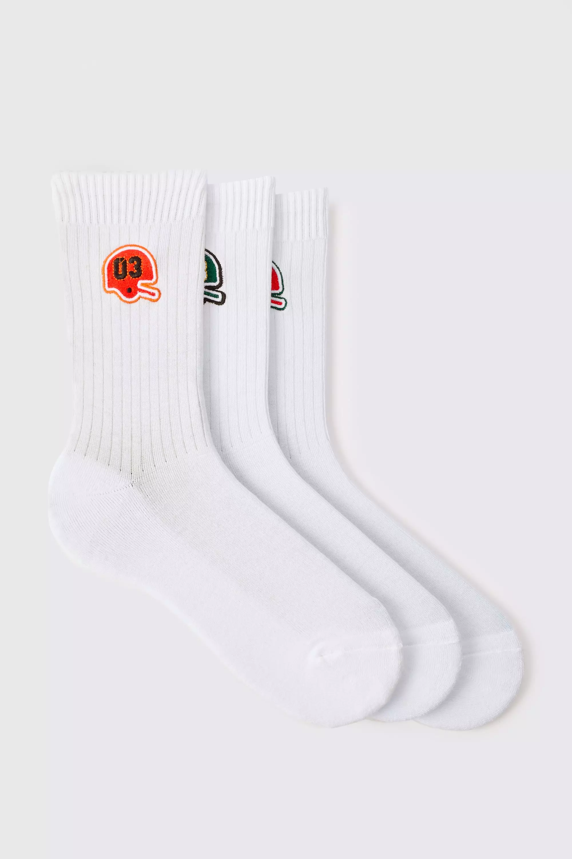 3 Pack Embroidered Varsity Socks White