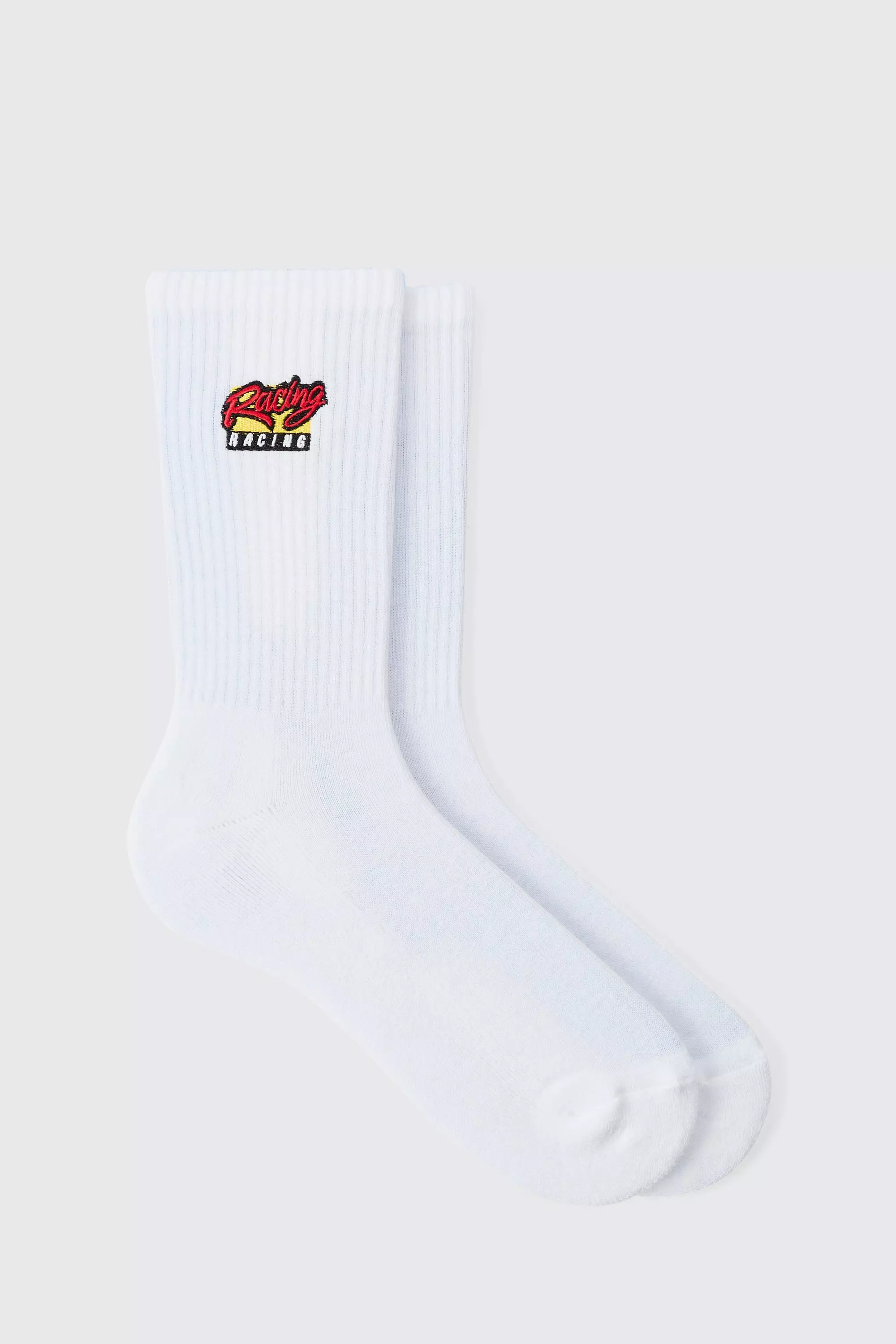 Moto Racing Embroidered Socks White