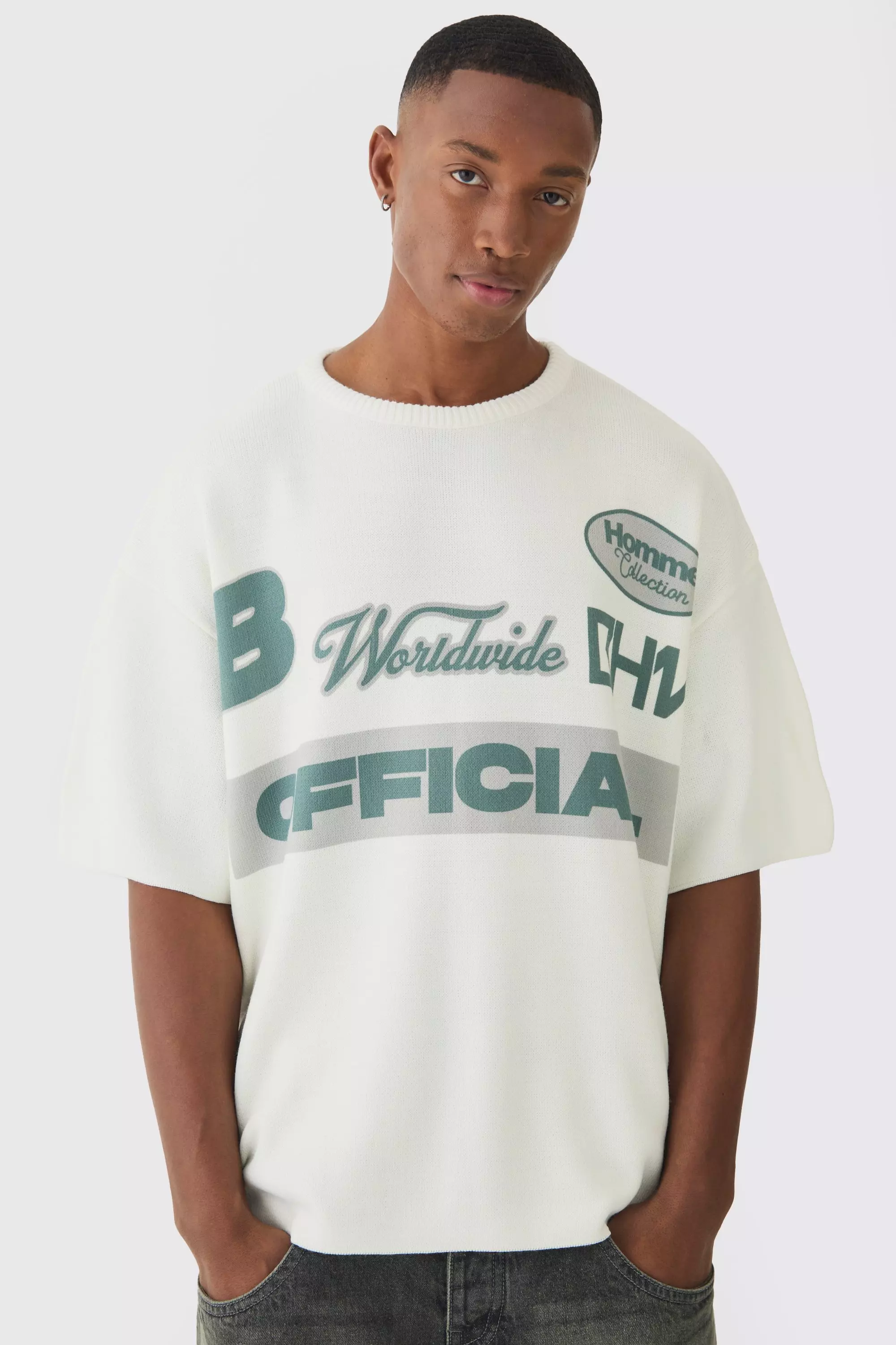 Ecru Oversized Open Stitch Printed Knitted T-shirt alternative image