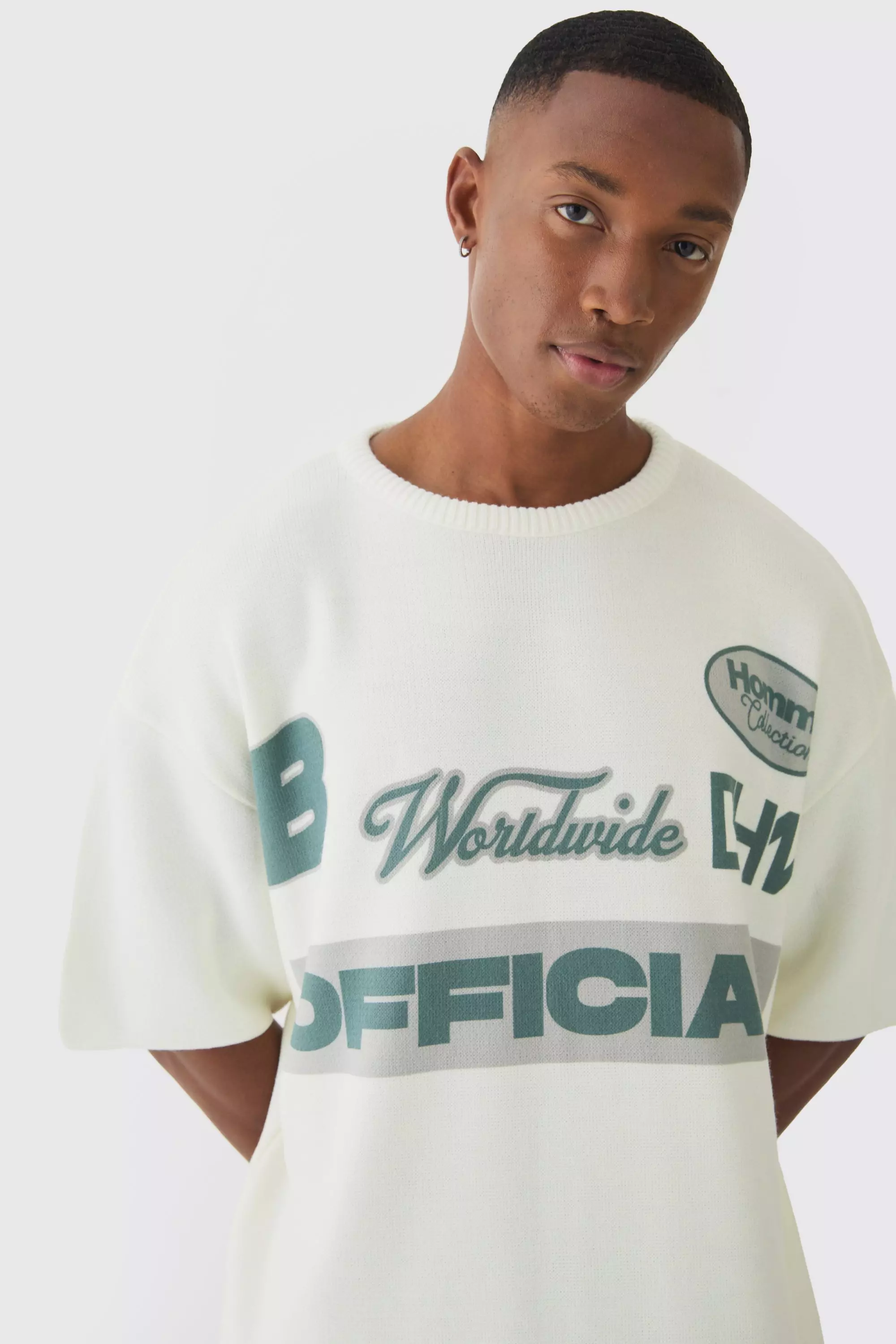 Ecru Oversized Open Stitch Printed Knitted T-shirt alternative image