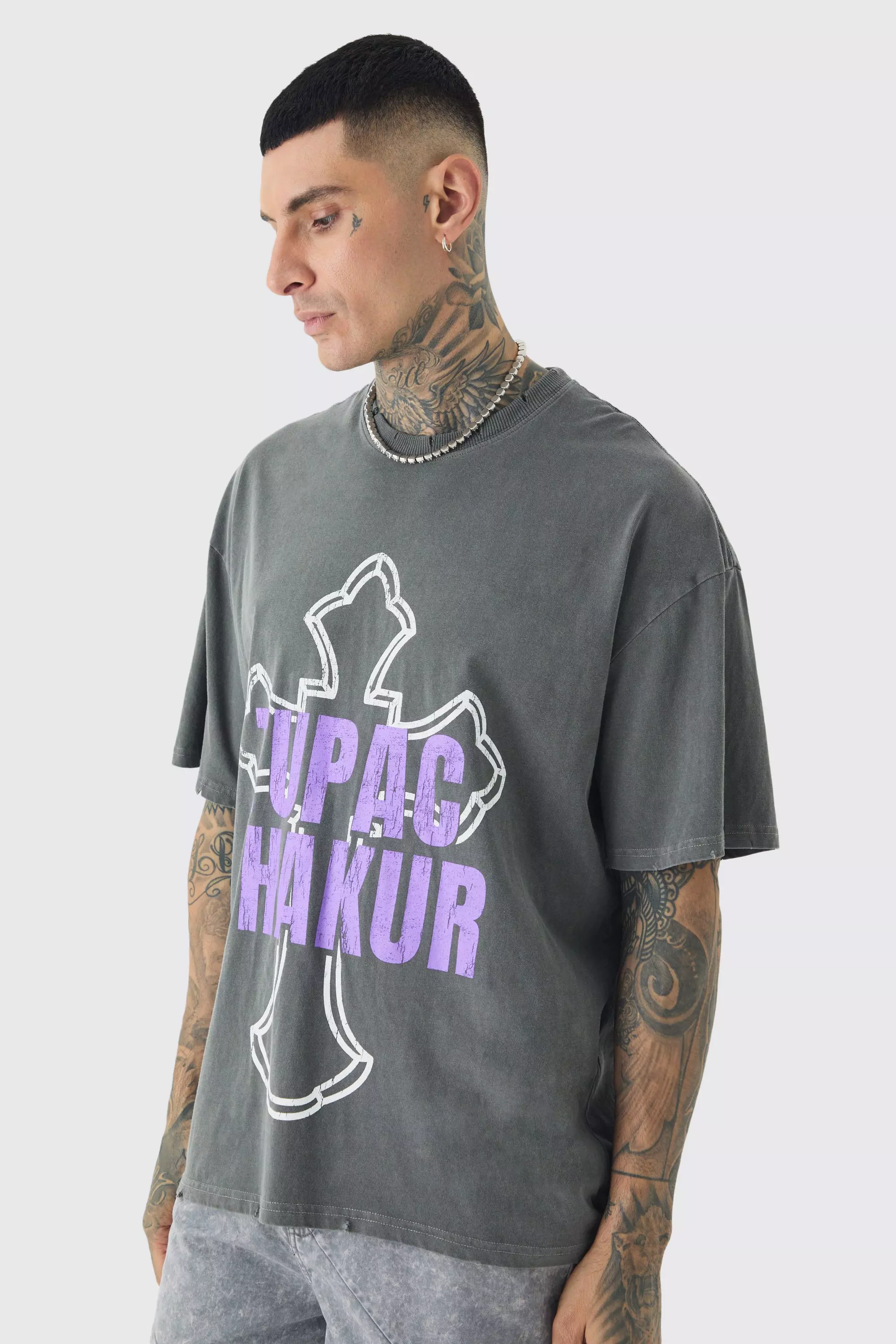 Grey Tall 2 Pac Cross Printed License T-shirt In Grey