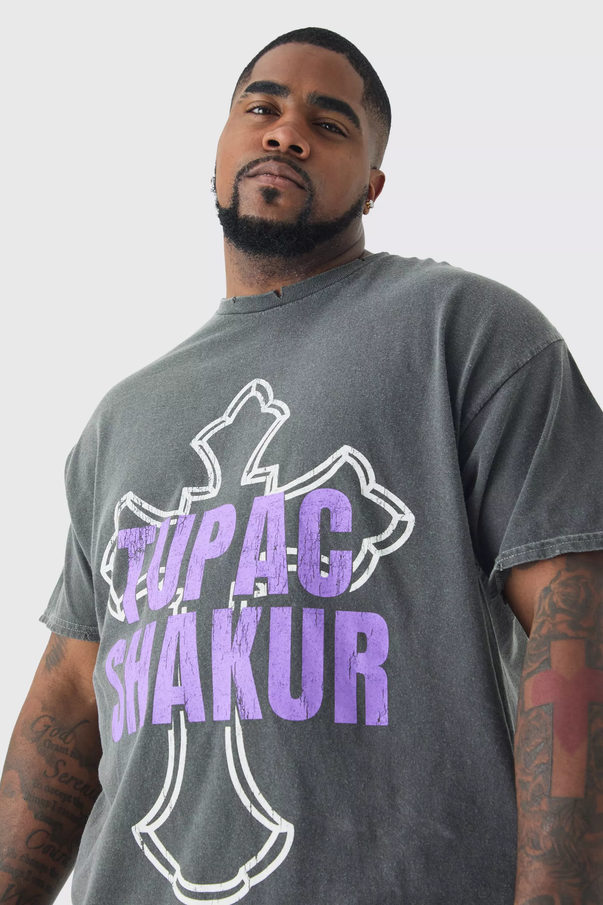 Grey Plus Tupac Cross Printed License T-shirt In Grey