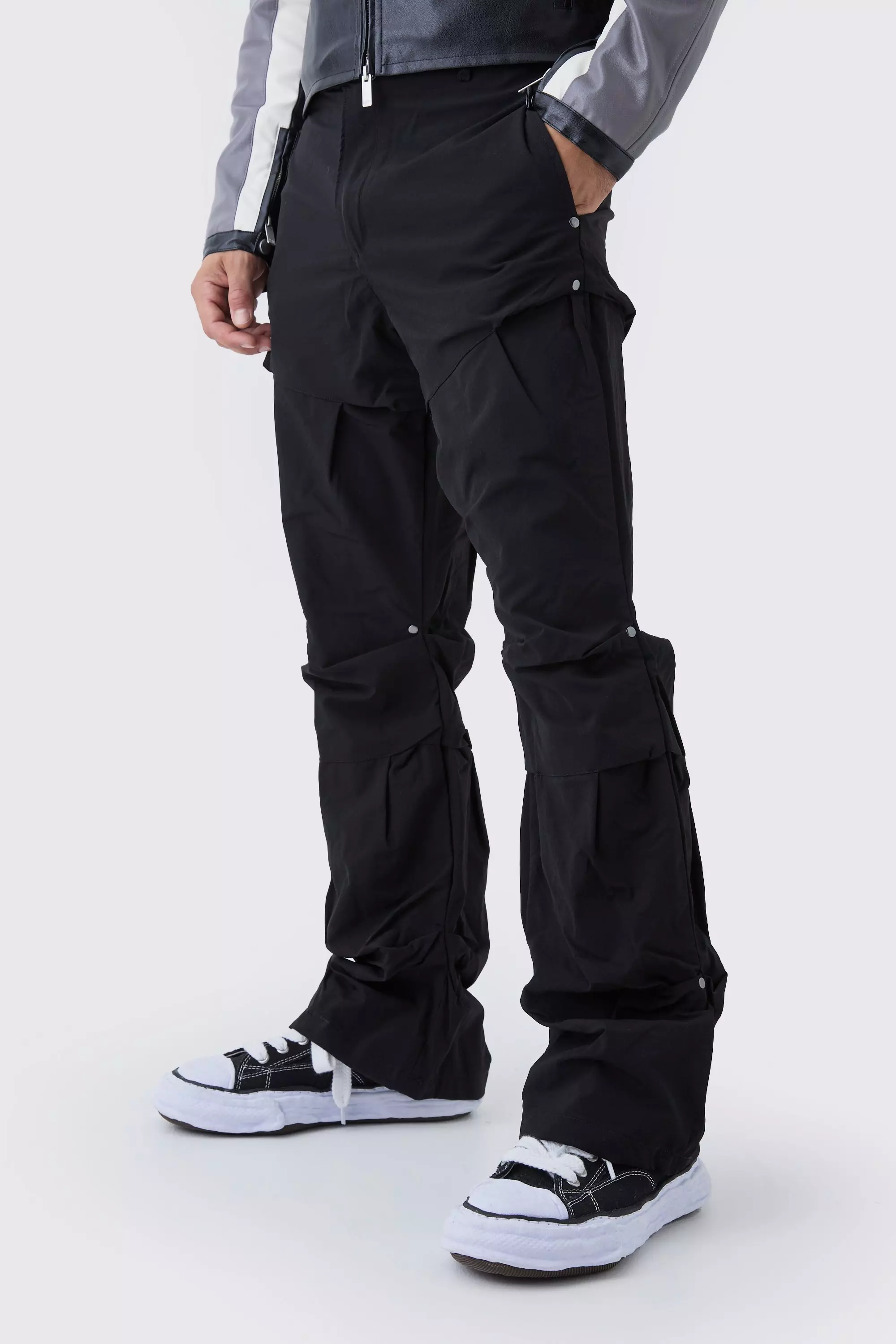 Slim Fit Flare Stacked Trousers With Ruched Detail | boohooMAN USA