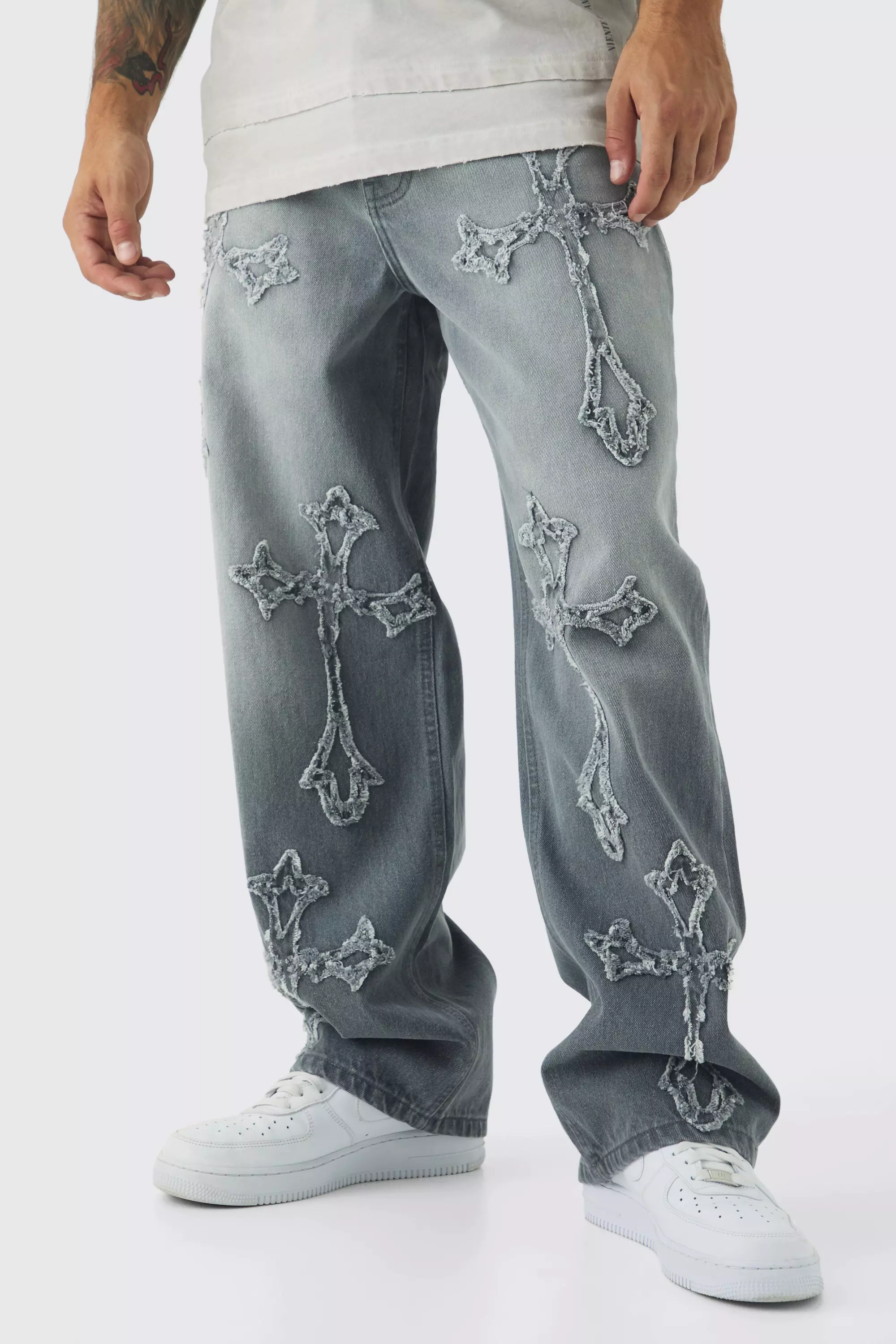 Grey Baggy Rigid Cross Applique Jeans In Light Grey